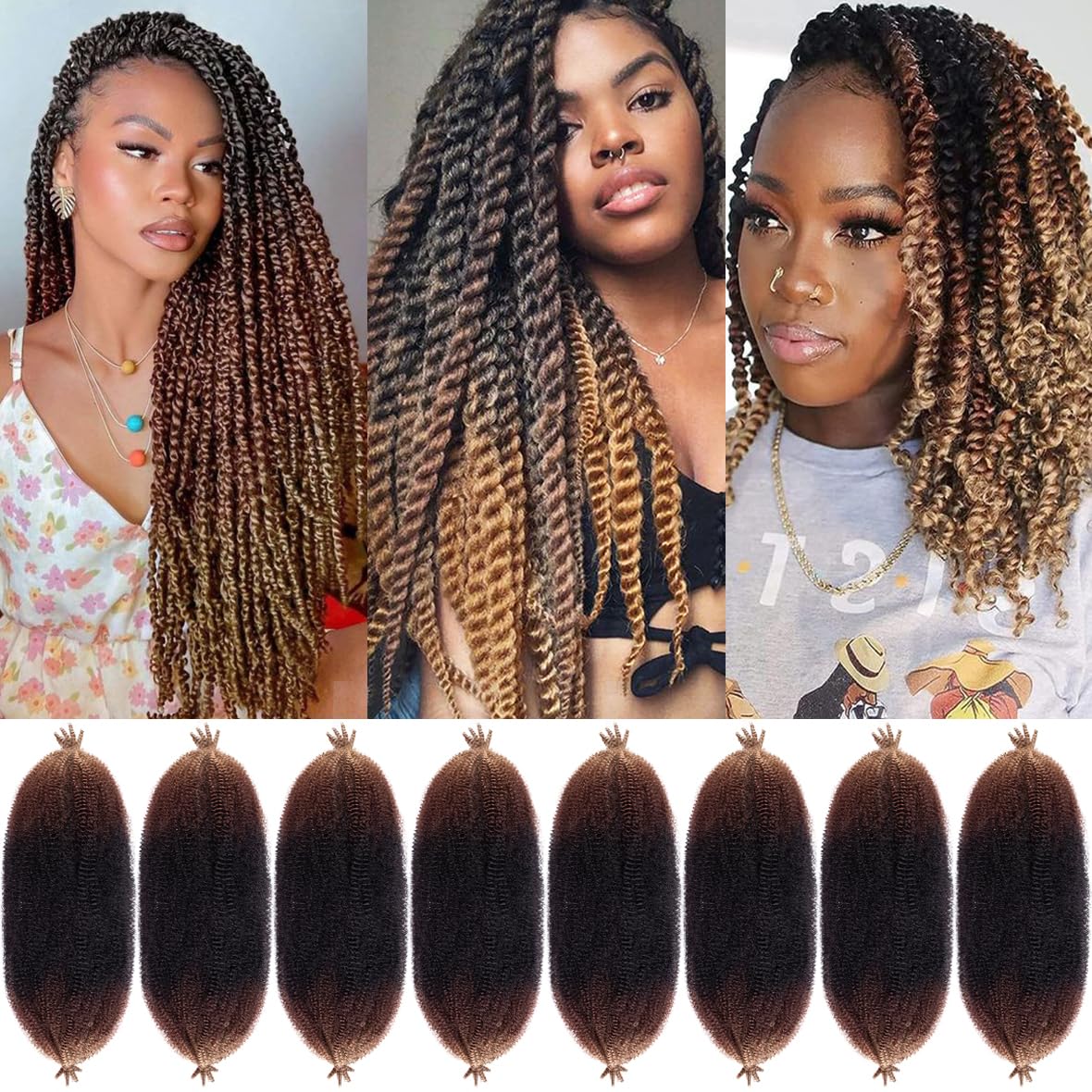 Leeven 16 Pouces Pre Separated Springy Twist Hair 8 Packs Pre-Fluffed Popping Crochet for Distressed Locs Afro Kinky Curly Marley Braiding Hair Extensions /1B#