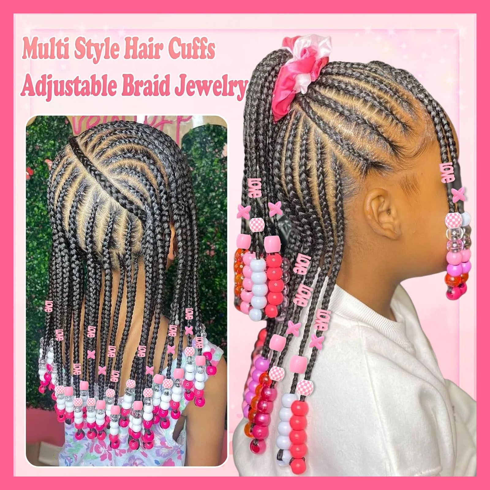 60 perles à cheveux pour enfants filles perles de tresse multicolores rouge X-ronde-LOVE-forme mixte avec aide à l'enfilage