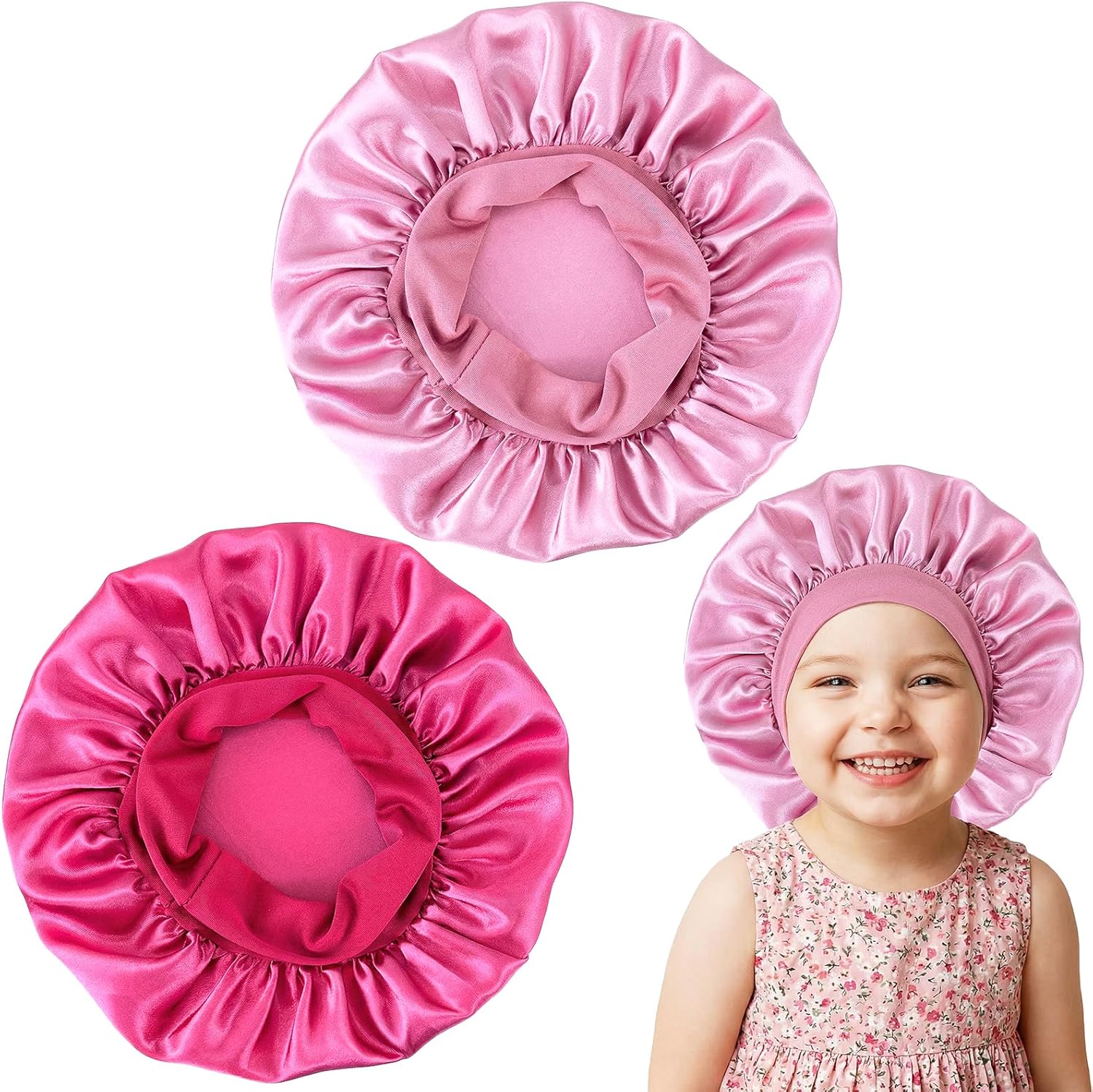 Lot de 2 bonnets en satin de soie pour le sommeil des enfants, à large bande élastique pour cheveux bouclés naturels, bonnet de couchage pour nourrissons, adolescents, tout-petits, garçons et