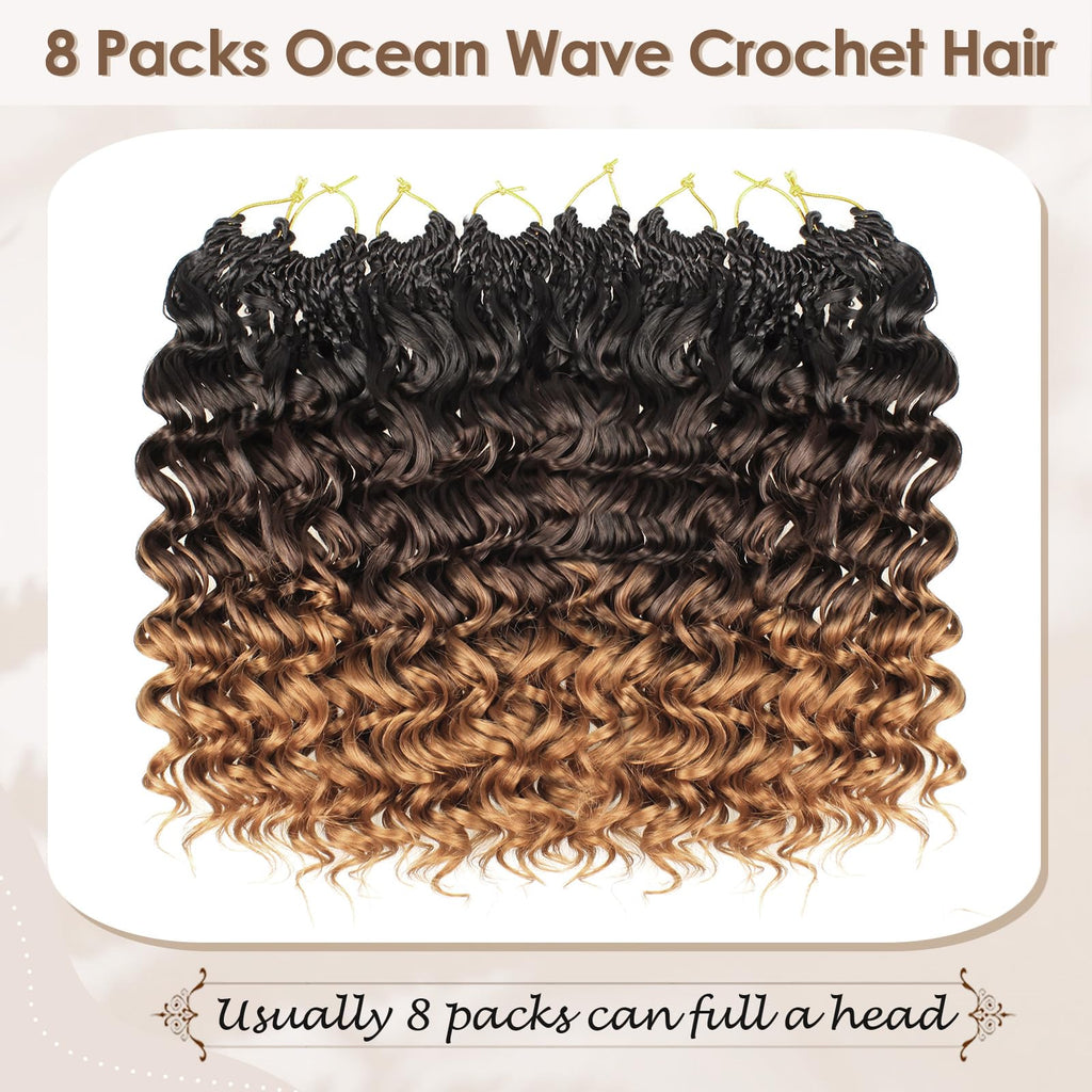 Enbeautiful 14 Inch 8 Packs Pre-Looped Ocean Wave Crochet Hair Pre-Twisted Deep Water Beach Curly Braiding Hair Synthetic Boho Wavy Curly Hair Extensions for Women（14 Inch,TBug）
