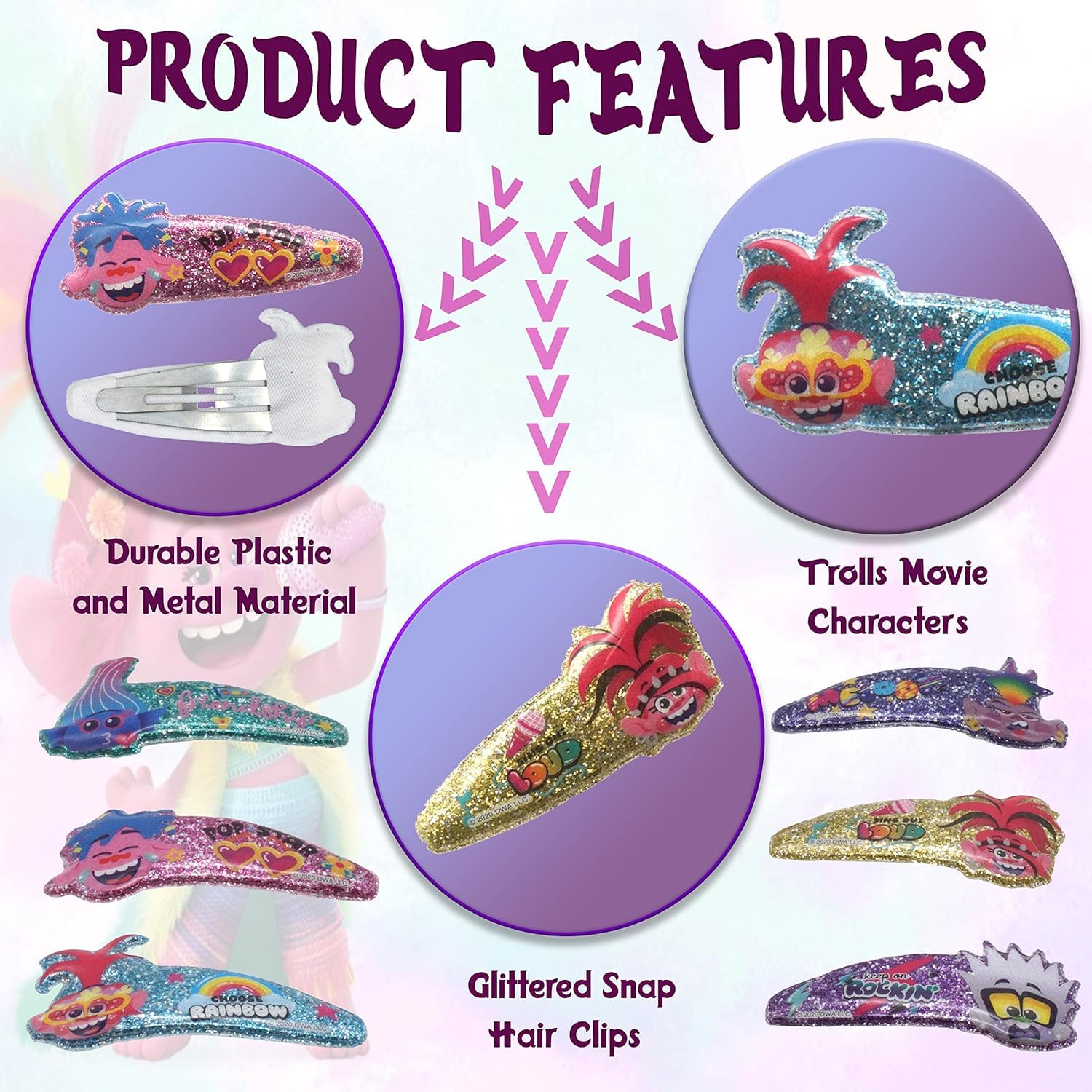 Accessoires à cheveux Trolls pour enfants, brosse à cheveux pour filles, pompons, nœud à cheveux et pince à cheveux pour enfants, pinces à cheveux multicolores pailletées avec de belles breloques