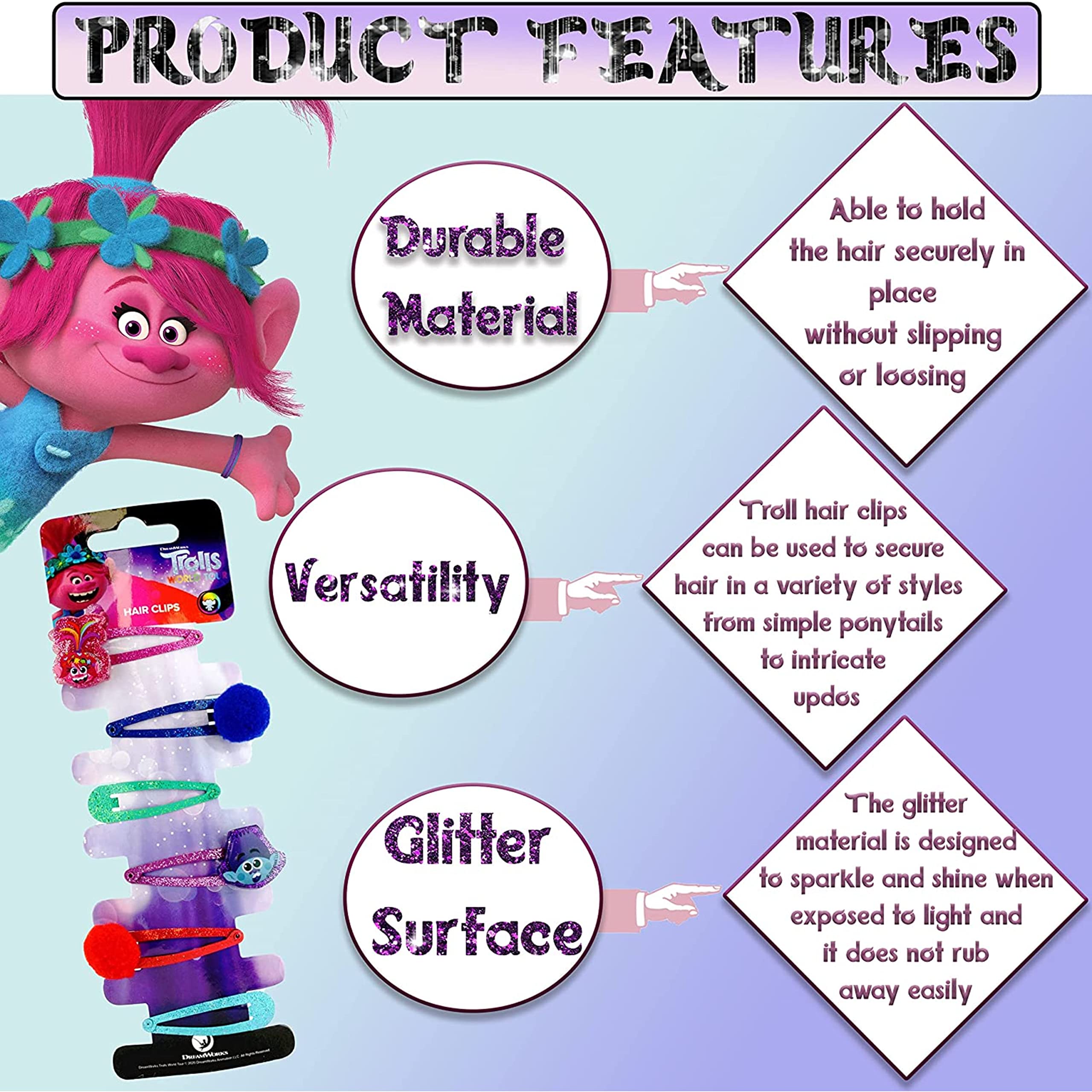 Accessoires à cheveux Trolls pour enfants, brosse à cheveux pour filles, pompons, nœud à cheveux et pince à cheveux pour enfants, pinces à cheveux multicolores pailletées avec de belles breloques