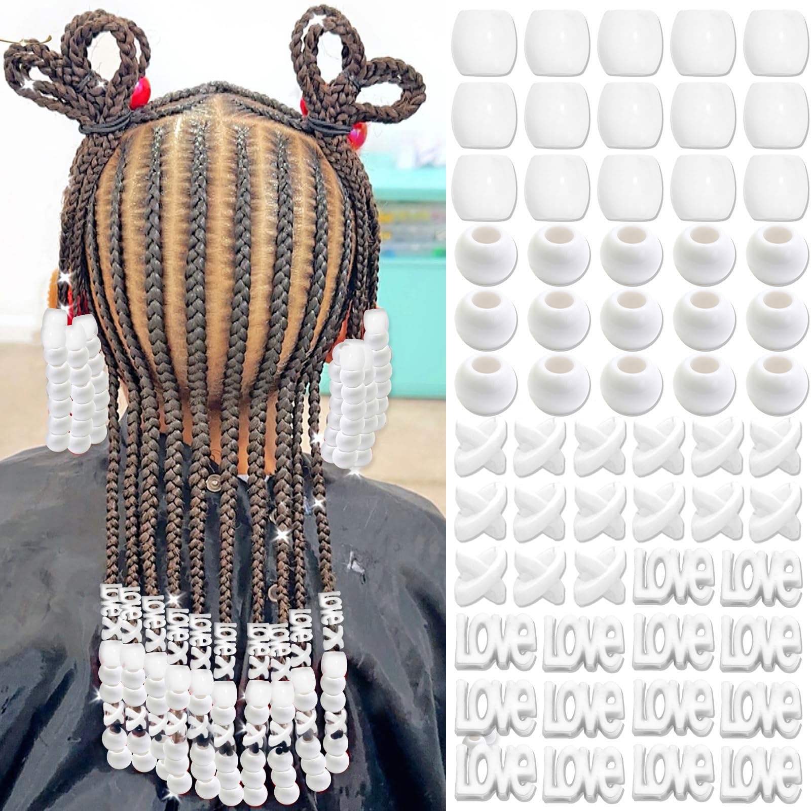 60 perles à cheveux pour enfants filles perles de tresse multicolores rouge X-ronde-LOVE-forme mixte avec aide à l'enfilage