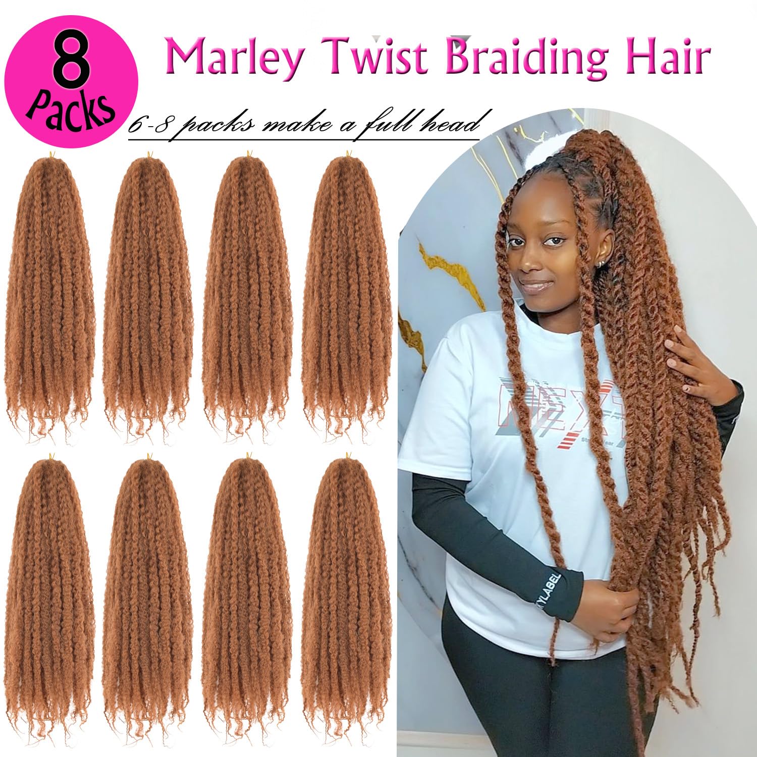 Enbeautiful Marley Twist Hair 24 Inch 8packs Marley Twists Braiding Hair Long Cuban Twist Hair Pre Fluffed Afro Kinky Curly Twists Crochet Hair Synthetic Marley Braids Extensions,27#