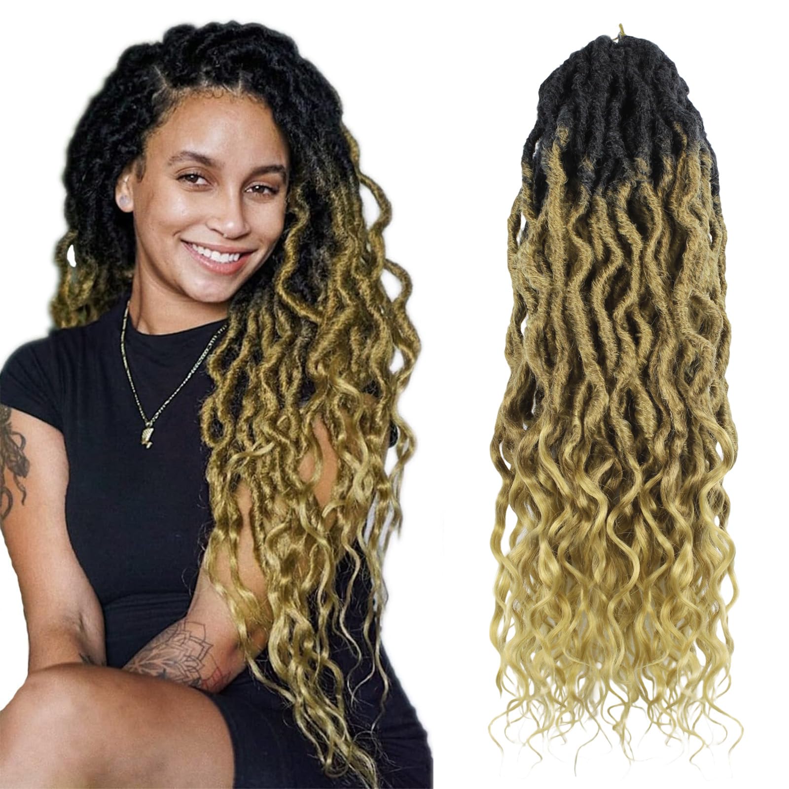 Faux Locs Crochet Hair 24Inch 7 Packs Pre-Looped Ombre Soft Locs With Curly Ends Dreadlock Goddess Loc Crochet Hair for Women（24Inch，OT1B/30/27#）