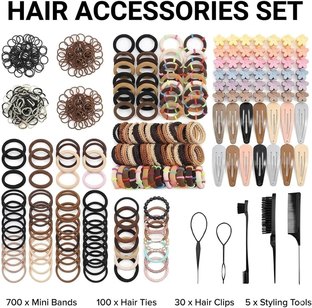 835 PCS Haargummis Mädchen – Mini élastiques & petits élastiques ensemble avec pinces à cheveux & outils de coiffure couleurs neutres