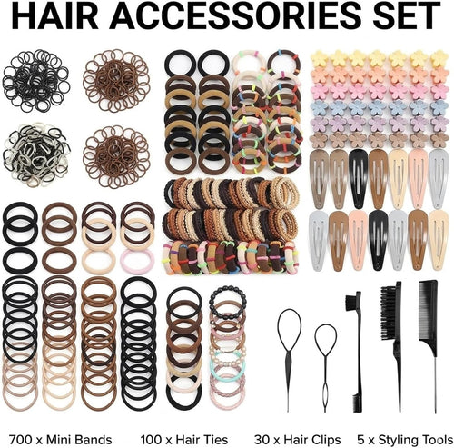 835 PCS Haargummis Mädchen – Mini élastiques & petits élastiques ensemble avec pinces à cheveux & outils de coiffure couleurs neutres