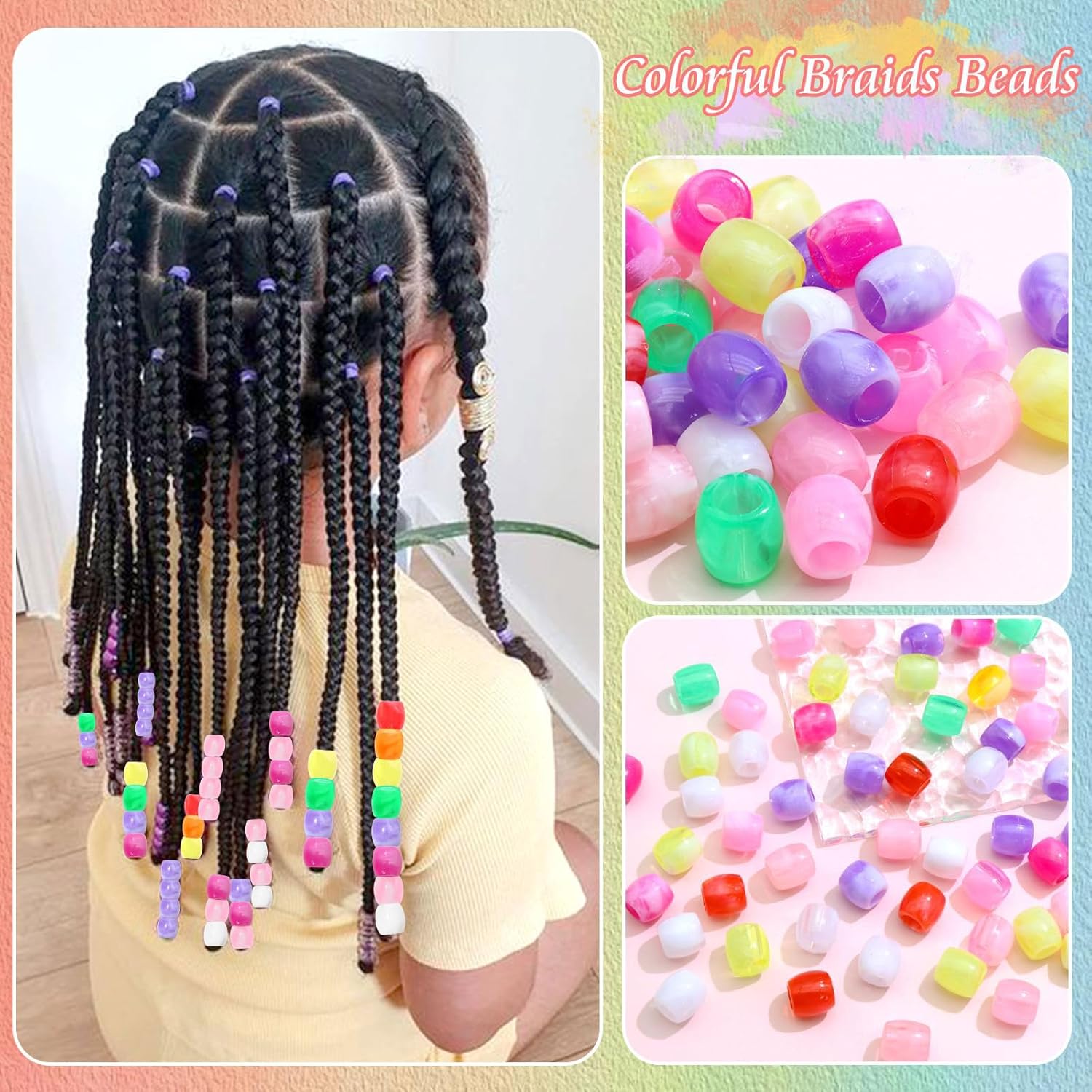 50PCS Perles à Cheveux Transparentes pour Tresses, Grosses Perles en Acrylique, Accessoires pour Dreadlocks, Bijoux pour Cheveux pour Enfants Filles avec Aide à