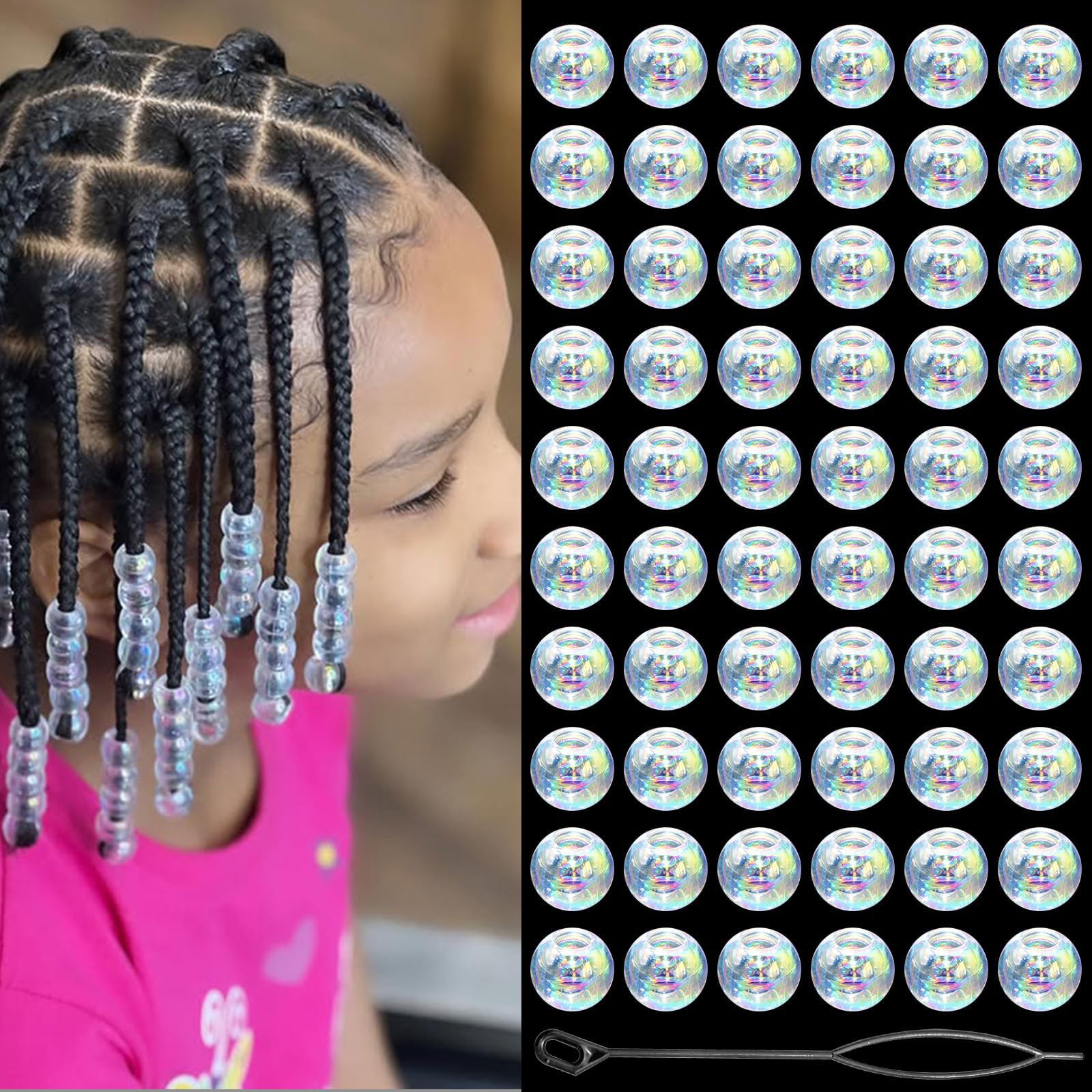 60PCS Perles à Tresser AB Pour Enfants Filles Perles Rondes en Acrylique Bleu Violet Transparent avec Aide à L'Enfilage