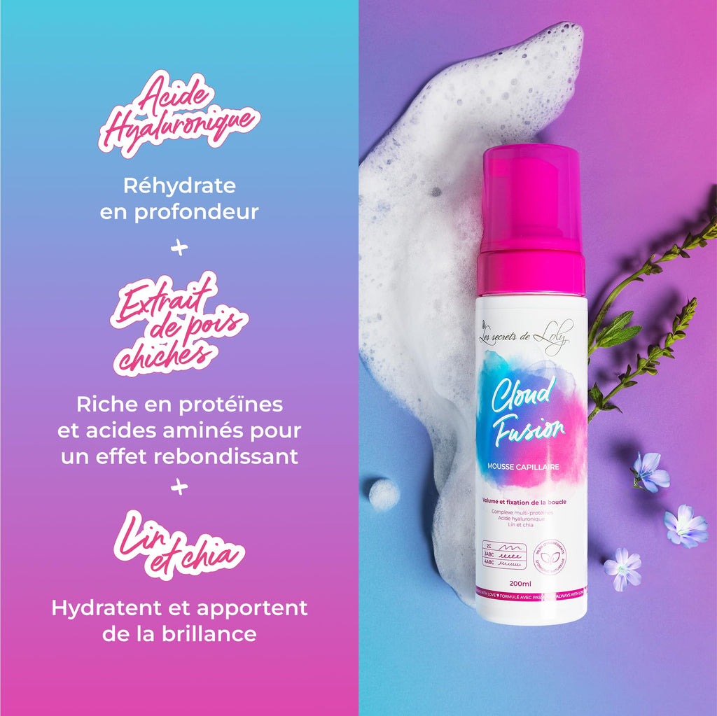 Les Secrets de Loly – Cloud Fusion – Mousse coiffante fixante Volume & définition – Cheveux ondulés, bouclés et frisés – Avec acide hyaluronique – 200 ml