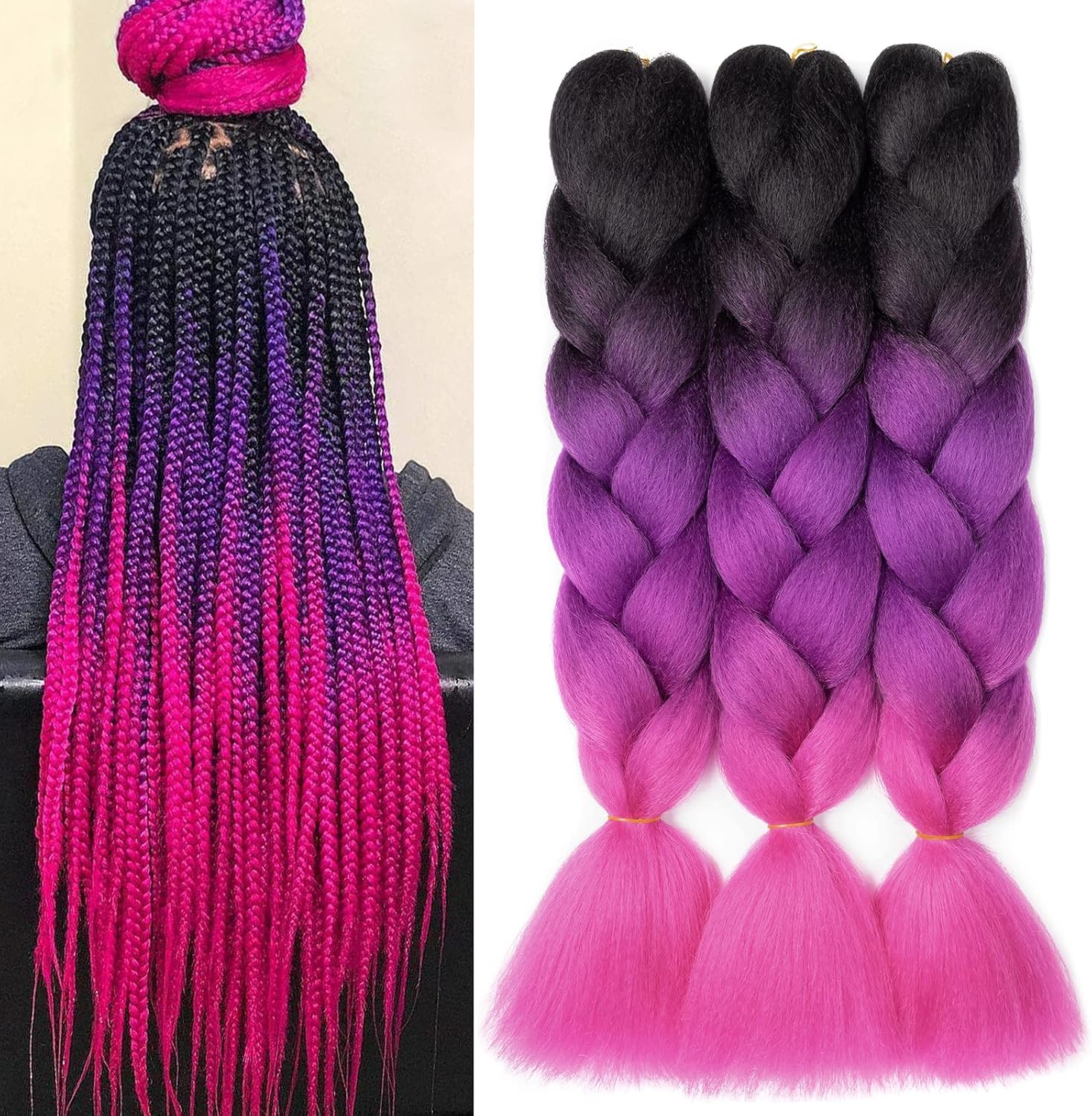 24" Meches pour Tresses Africaine Braids Meches Tresse Cheveux Rajout Cheveux Tressage 1 Paquet Crochet Braids Extension de Cheveux Afro pour Tresse Ombre Synthétiques (Rose)