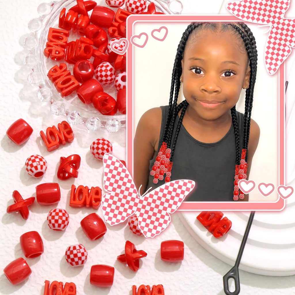 60 perles à cheveux pour enfants filles perles de tresse multicolores rouge X-ronde-LOVE-forme mixte avec aide à l'enfilage