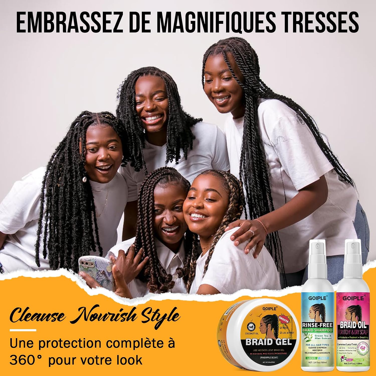 Coffret Gel Cheveux Bouclés avec Shampoing Tressé et Huile Spray – Lissant pour Twists, Locs, Tresses, Cornrows et Contrôle des Bords – Gel Cheveux Afro Kit Soin Coiffant Tressé Facile à Utiliser