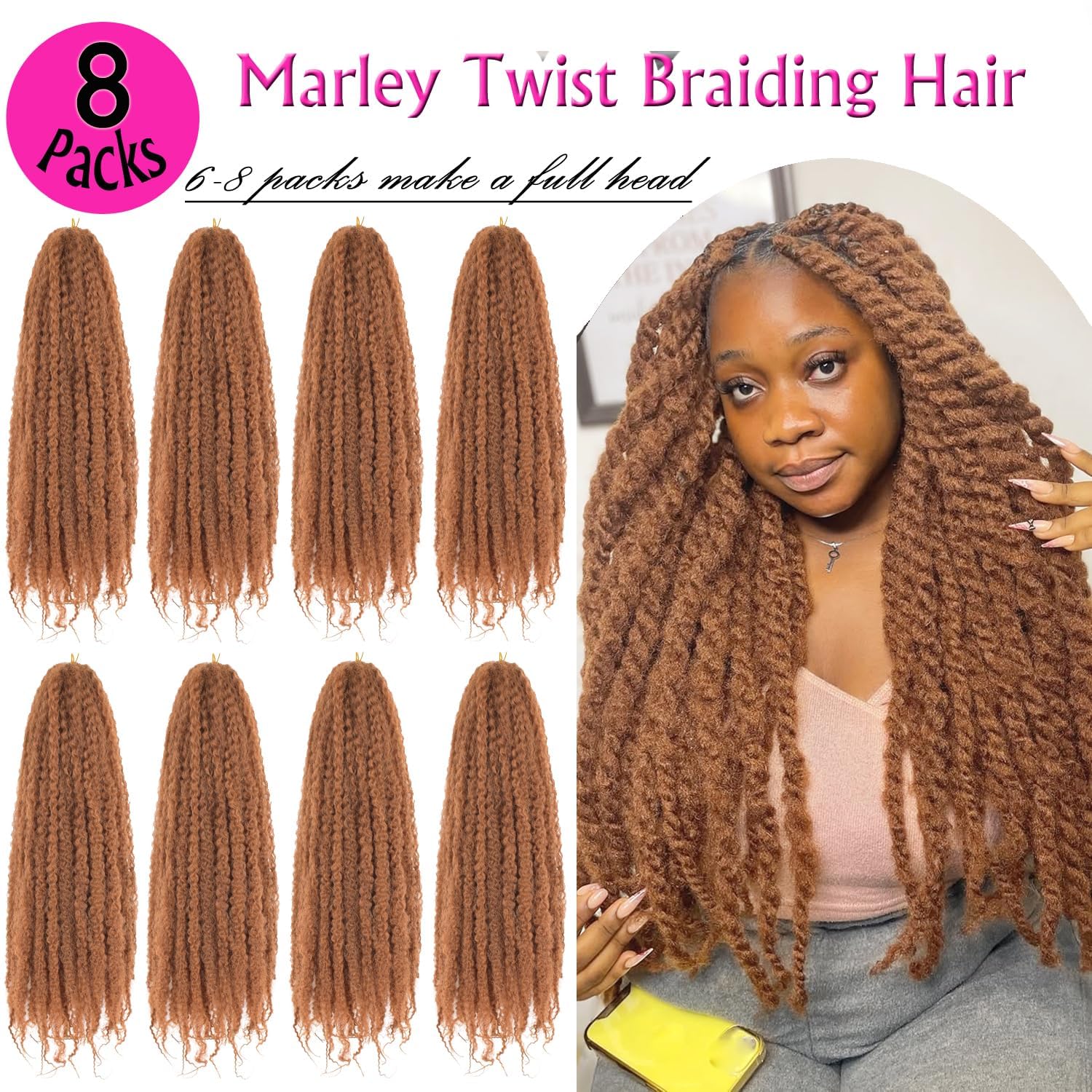 Enbeautiful Marley Twist Hair 24 Inch 8packs Marley Twists Braiding Hair Long Cuban Twist Hair Pre Fluffed Afro Kinky Curly Twists Crochet Hair Synthetic Marley Braids Extensions,27#