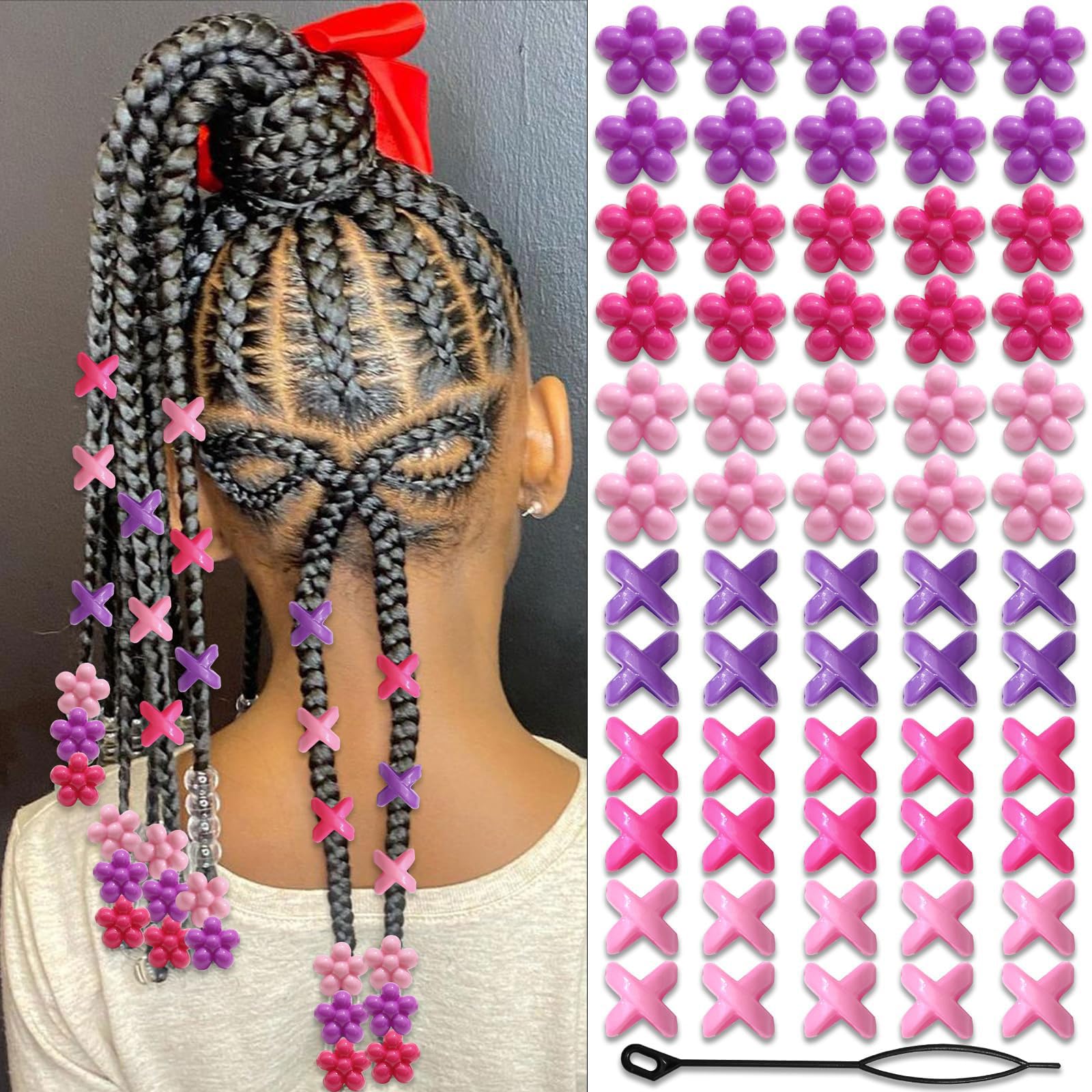 60 perles à cheveux fleuries pour enfants filles, perles à tresses multicolores, mélange de violet, rose et rose clair avec aide à l'enfilage