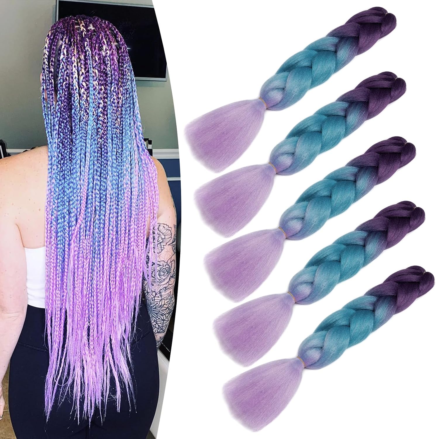 Meches pour Tresses Africaine Rajout Cheveux Braids Jumbo Extension Cheveux Ombre Synthétique Violet & Bleu & Jaune & Orange