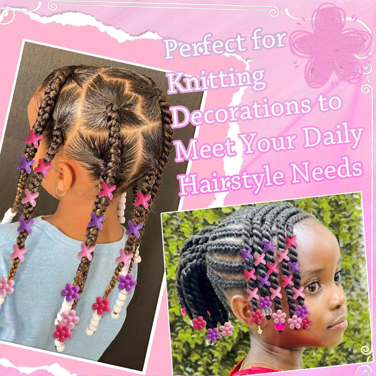 60 perles à cheveux fleuries pour enfants filles, perles à tresses multicolores, mélange de violet, rose et rose clair avec aide à l'enfilage
