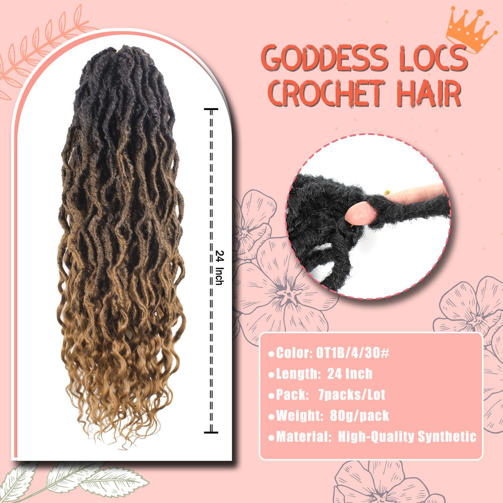 Faux Locs Crochet Hair 24Inch 7 Packs Pre-Looped Ombre Soft Locs With Curly Ends Dreadlock Goddess Loc Crochet Hair for Women（24Inch，OT1B/30/27#）