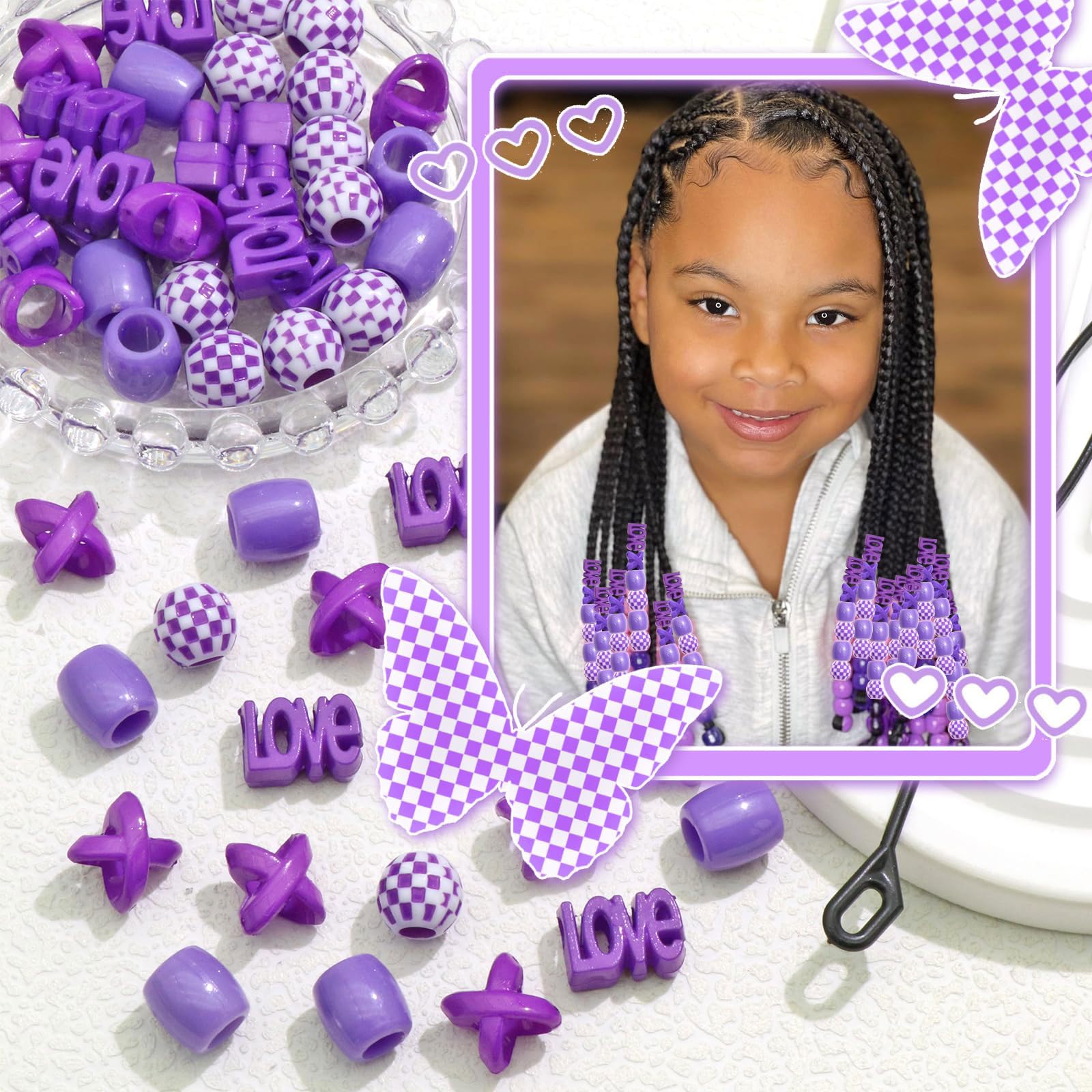 60 perles à cheveux pour enfants filles perles de tresse multicolores rouge X-ronde-LOVE-forme mixte avec aide à l'enfilage