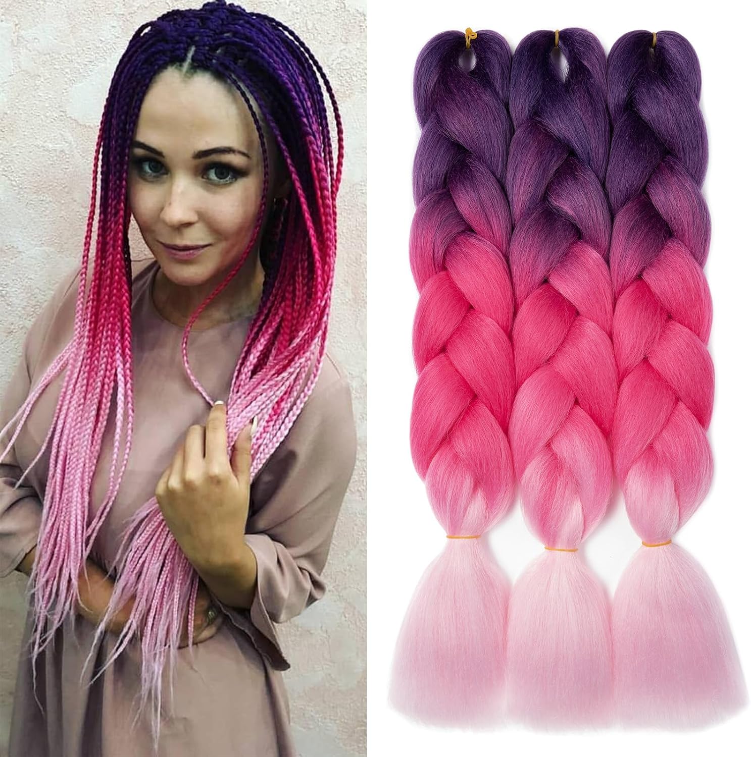 Meches pour Tresses Africaine Rajout Cheveux Braids Jumbo Extension Cheveux Ombre Synthétique Violet & Bleu & Jaune & Orange
