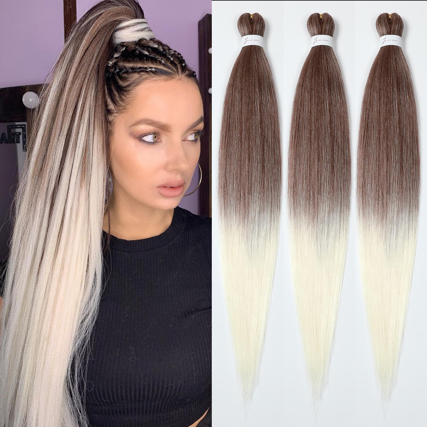 YDDM Meches Pour Tresses Africaine Rose et blanc Rajout Cheveux Tresses Texture Yaki Easy Install pour Debutants 20 Pouces 3 Paquets Cheveux Legers Naturels pour Box Braids Twist Crochet Styles