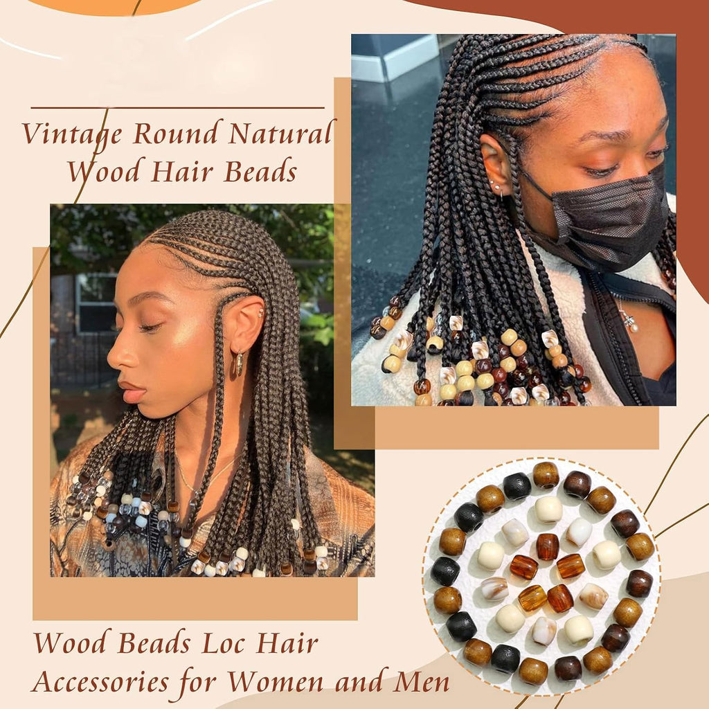 Auroriel 60 pièces perles à cheveux en bois multi-style pour tresses, dreadlocks, clips à tresses, DIY accessoires pour cheveux avec aide à l'enfilage