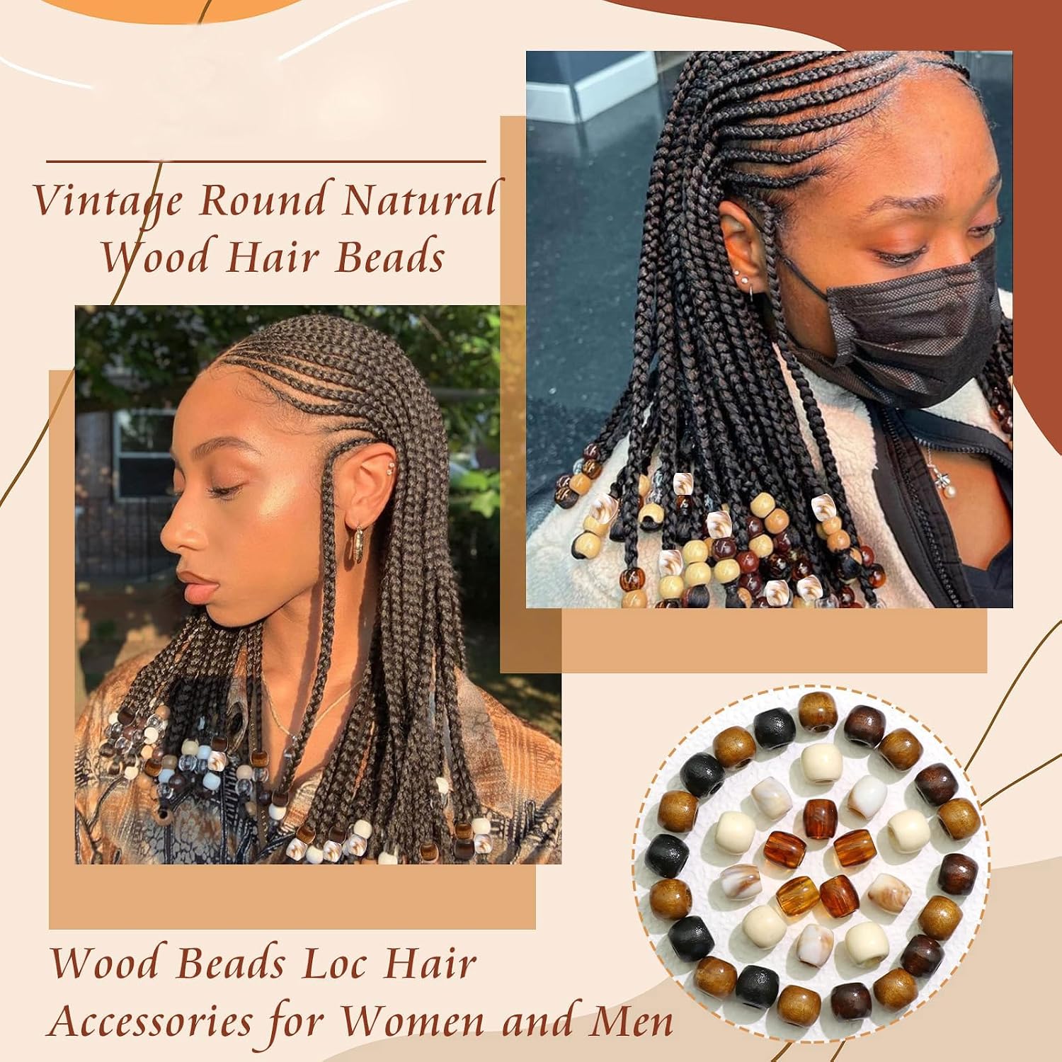 Auroriel 60 pièces perles à cheveux en bois multi-style pour tresses, dreadlocks, clips à tresses, DIY accessoires pour cheveux avec aide à l'enfilage