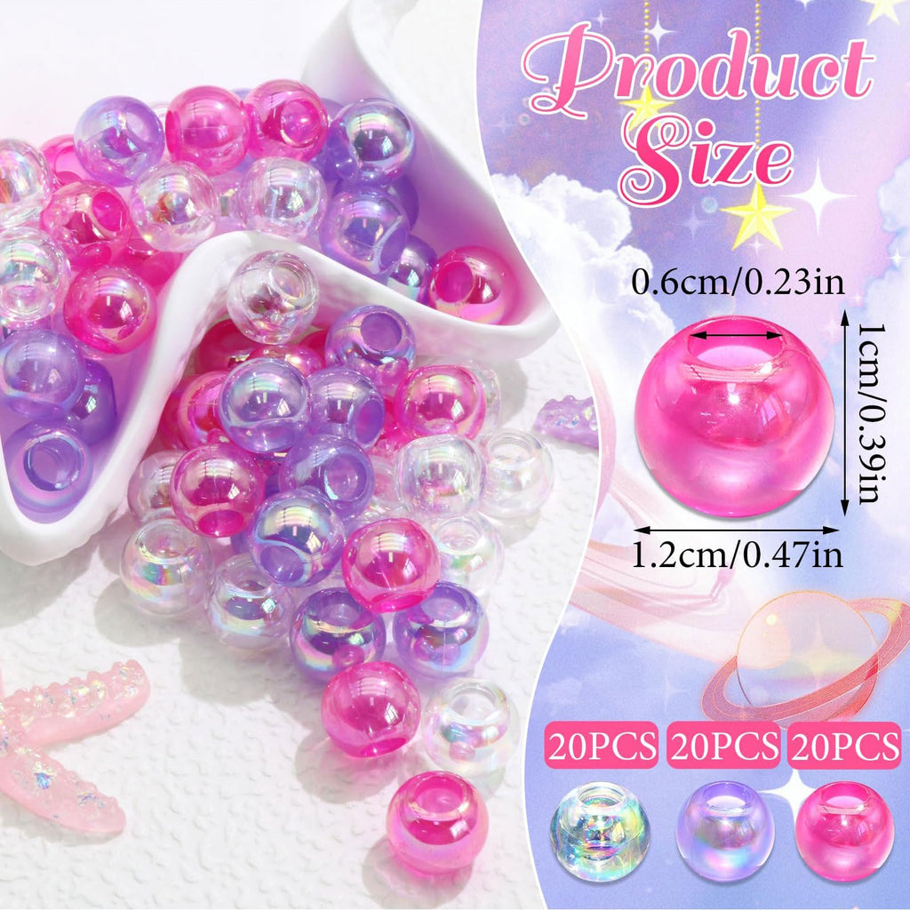 60PCS Perles à Tresser AB Pour Enfants Filles Perles Rondes en Acrylique Bleu Violet Transparent avec Aide à L'Enfilage