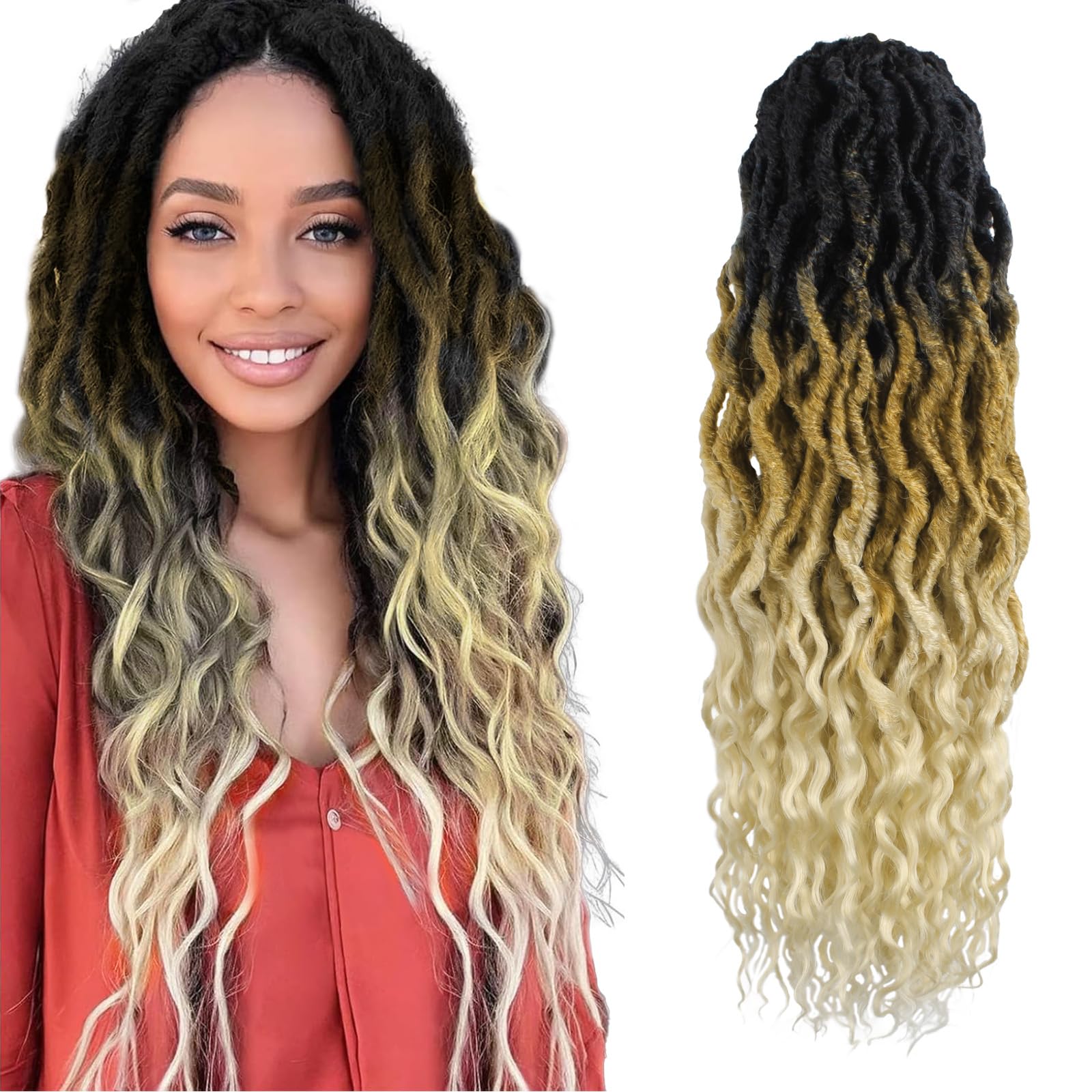 Faux Locs Crochet Hair 24Inch 7 Packs Pre-Looped Ombre Soft Locs With Curly Ends Dreadlock Goddess Loc Crochet Hair for Women（24Inch，OT1B/30/27#）