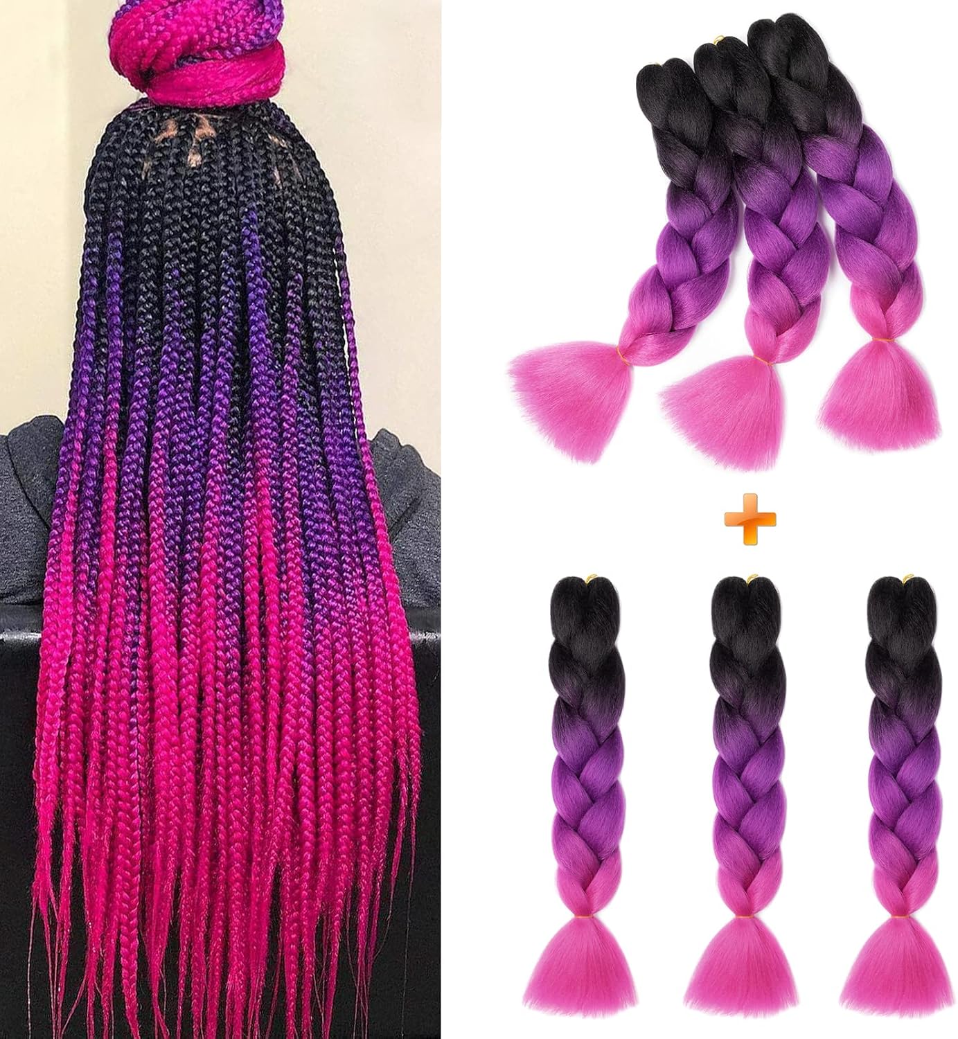 24" Meches pour Tresses Africaine Braids Meches Tresse Cheveux Rajout Cheveux Tressage 1 Paquet Crochet Braids Extension de Cheveux Afro pour Tresse Ombre Synthétiques (Rose)