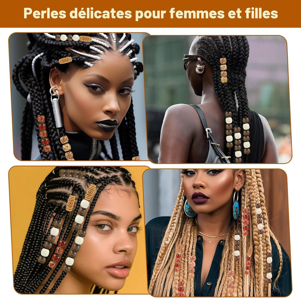 Larrel - Lot de 60 perles en bois imprimées - Perles en bois naturelles à grand trou - Perles rétro pour cheveux - Décoration de tresses - Perles en bois pour bricolage - Décoration de tube de cheveux