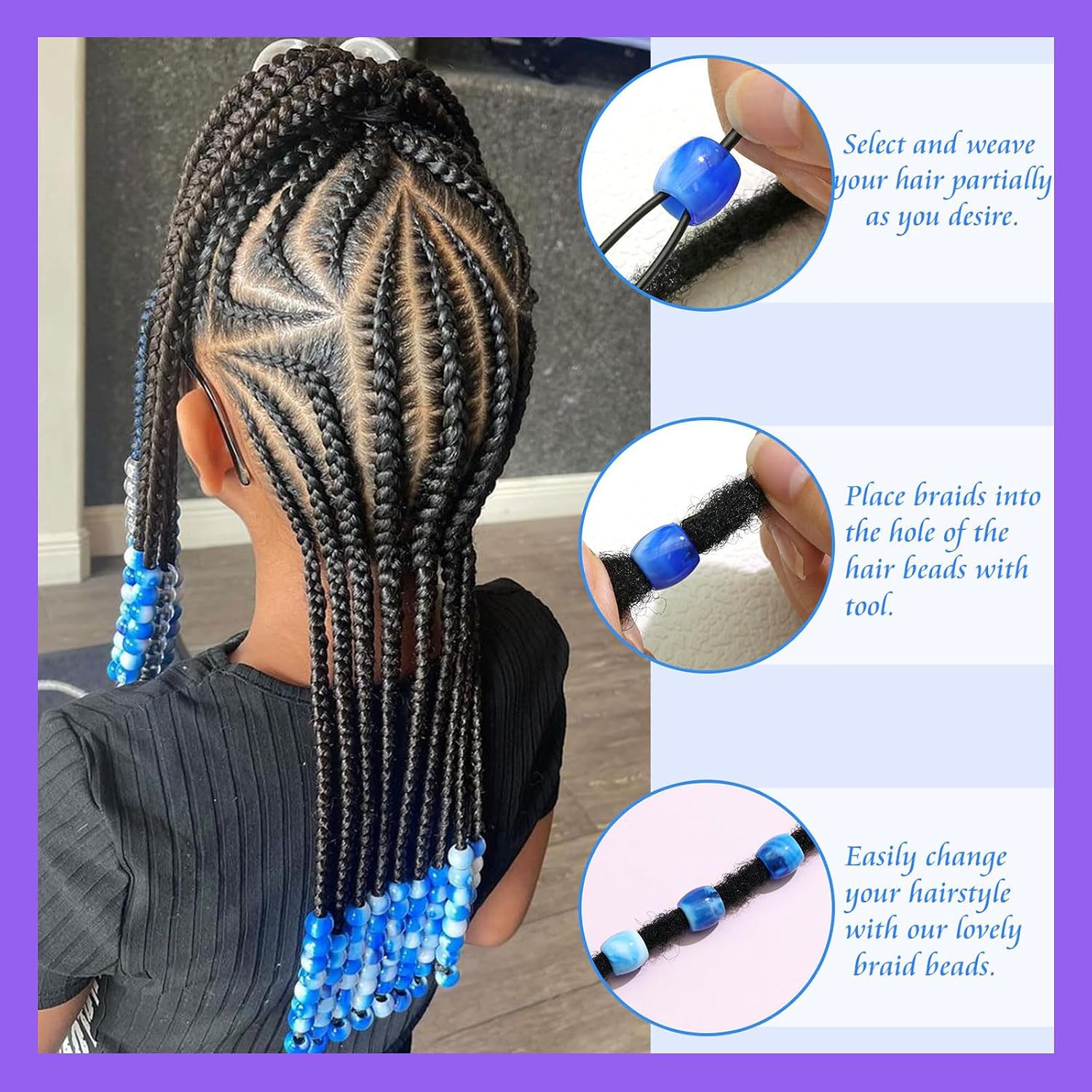 50PCS Perles à Cheveux Transparentes pour Tresses, Grosses Perles en Acrylique, Accessoires pour Dreadlocks, Bijoux pour Cheveux pour Enfants Filles avec Aide à