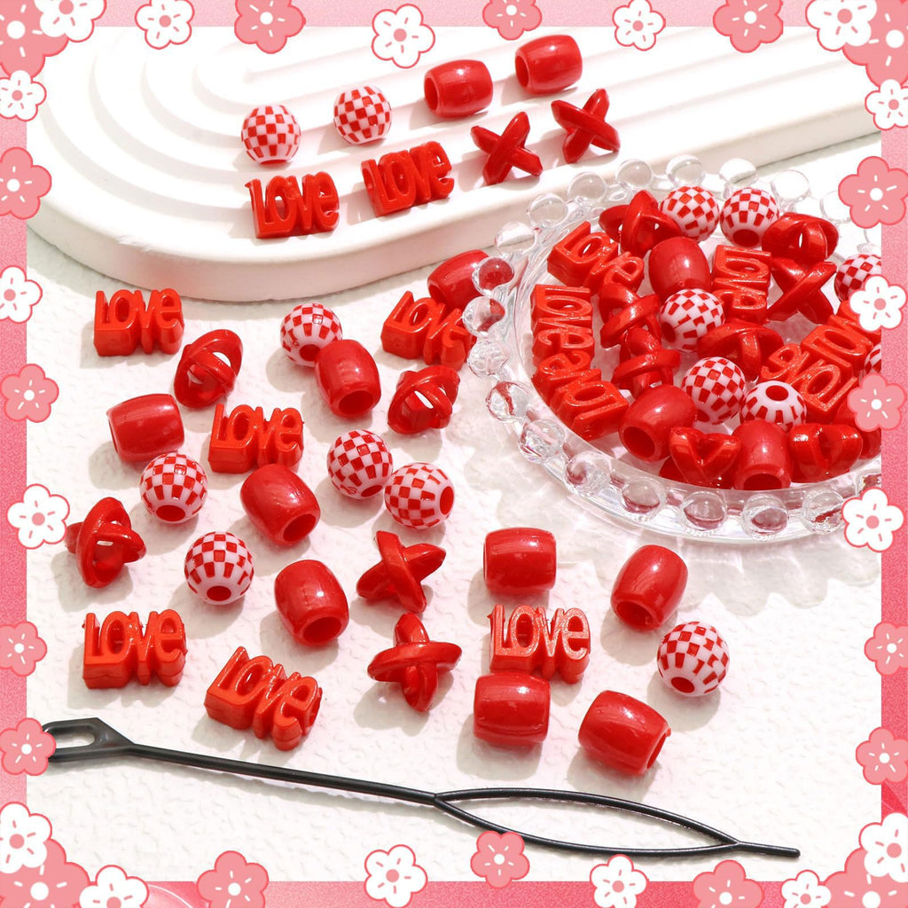 60 perles à cheveux pour enfants filles perles de tresse multicolores rouge X-ronde-LOVE-forme mixte avec aide à l'enfilage
