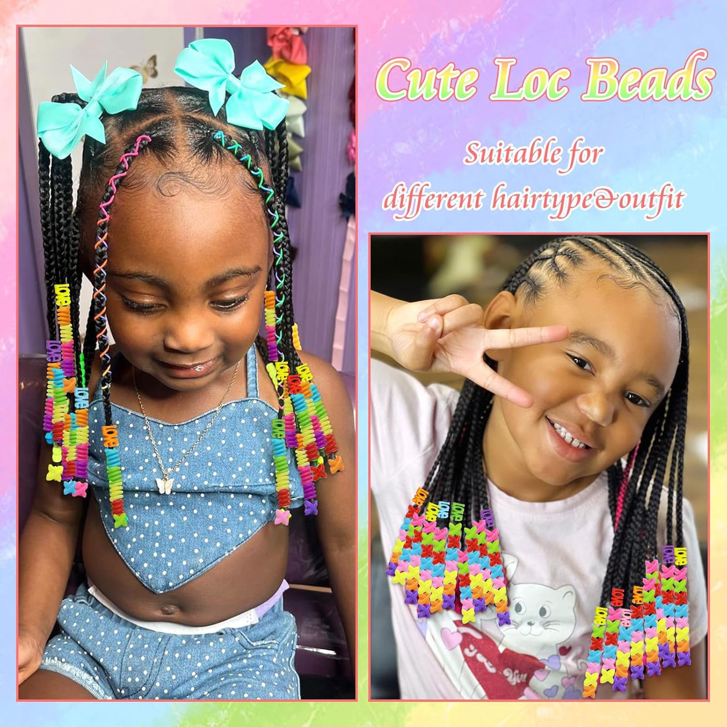 60 pièces perles à cheveux multicolores pour filles enfants tresses dreadlocks multi-formes LOVE spirale X avec aide à l'enfilage
