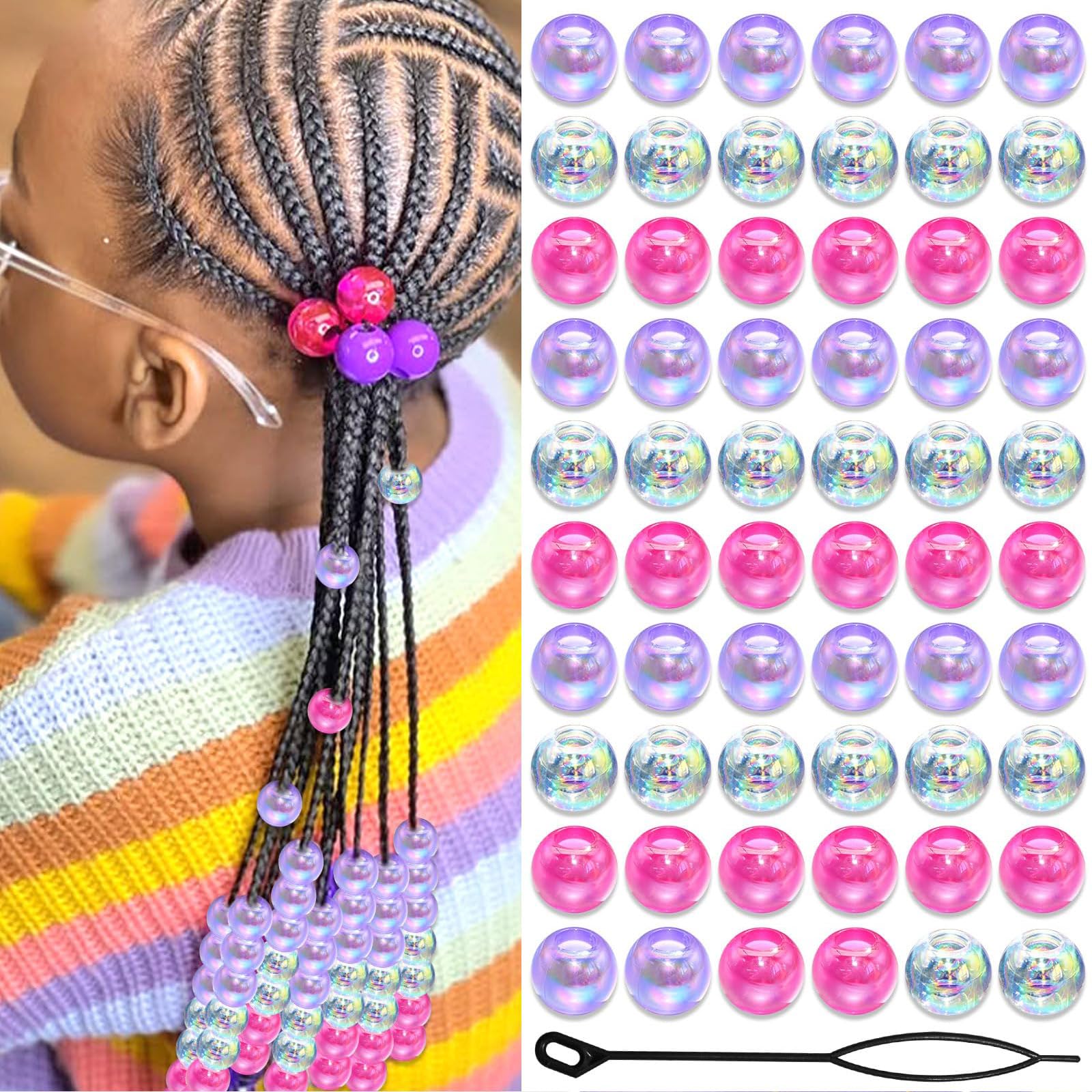 60PCS Perles à Tresser AB Pour Enfants Filles Perles Rondes en Acrylique Bleu Violet Transparent avec Aide à L'Enfilage