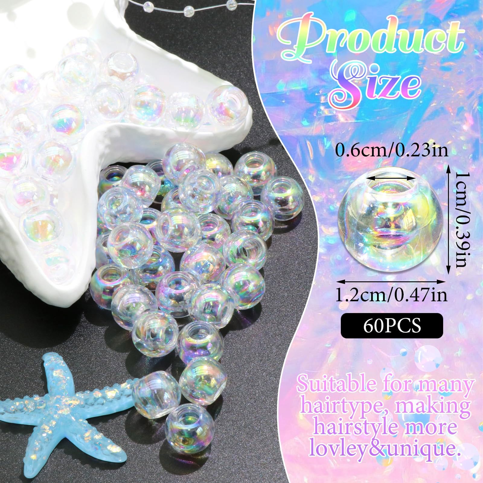 60PCS Perles à Tresser AB Pour Enfants Filles Perles Rondes en Acrylique Bleu Violet Transparent avec Aide à L'Enfilage