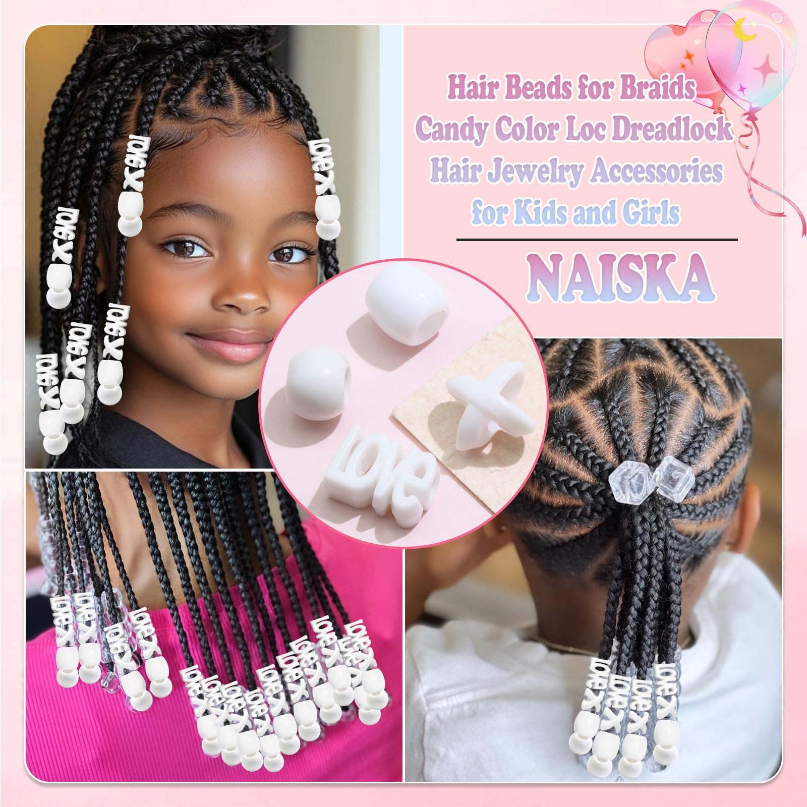 60 perles à cheveux pour enfants filles perles de tresse multicolores rouge X-ronde-LOVE-forme mixte avec aide à l'enfilage
