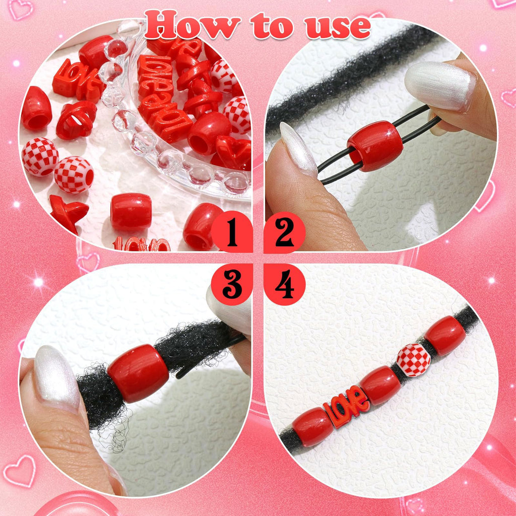 60 perles à cheveux pour enfants filles perles de tresse multicolores rouge X-ronde-LOVE-forme mixte avec aide à l'enfilage