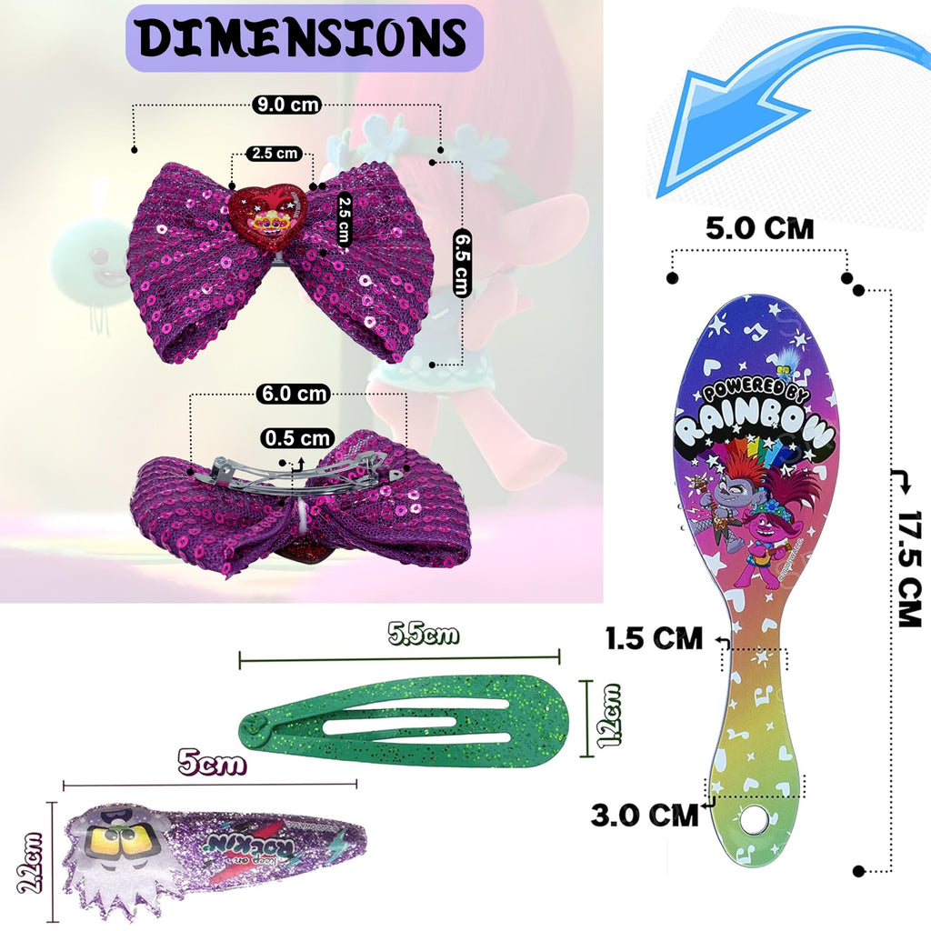 Accessoires à cheveux Trolls pour enfants, brosse à cheveux pour filles, pompons, nœud à cheveux et pince à cheveux pour enfants, pinces à cheveux multicolores pailletées avec de belles breloques