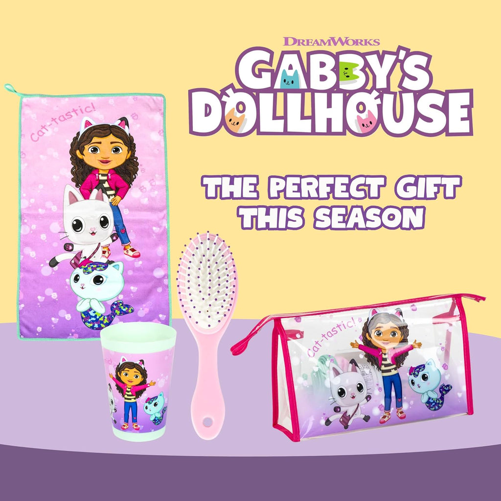 Gabby's Doll House Trousse de Toilette pour Filles, Comprend Verre, Brosse à Cheveux, Serviette et Trousse de Toilette pour Enfants Pandy Paws Gabby et Mercat Design
