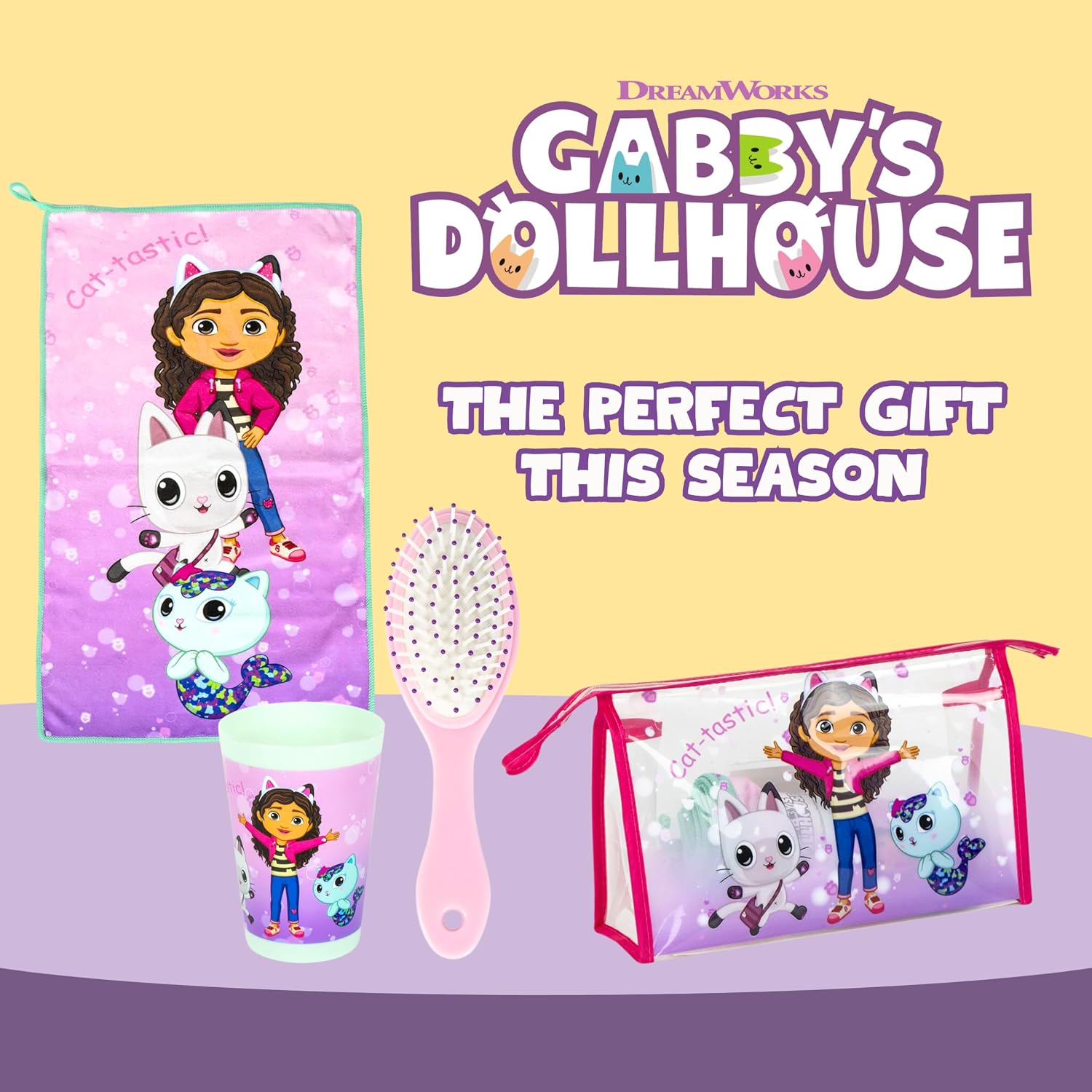 Gabby's Doll House Trousse de Toilette pour Filles, Comprend Verre, Brosse à Cheveux, Serviette et Trousse de Toilette pour Enfants Pandy Paws Gabby et Mercat Design