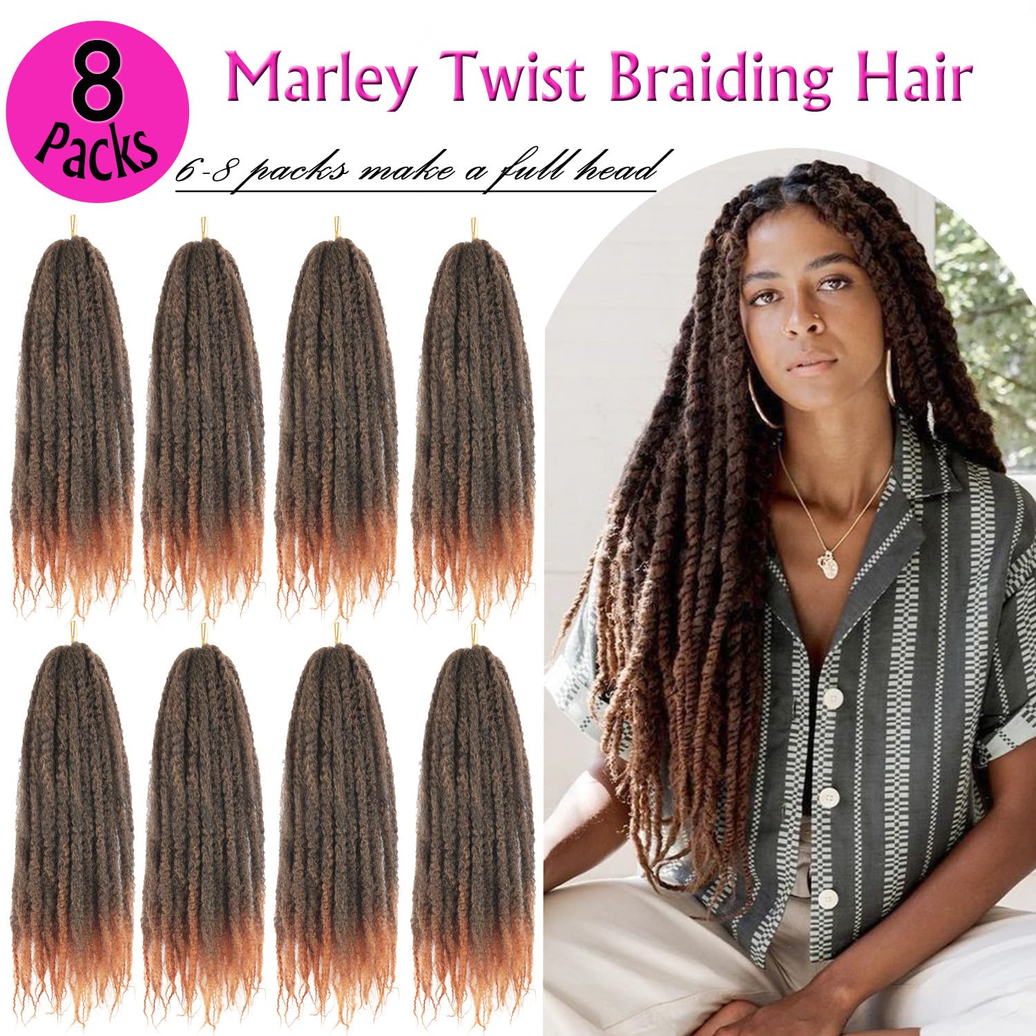 Enbeautiful Marley Twist Hair 24 Inch 8packs Marley Twists Braiding Hair Long Cuban Twist Hair Pre Fluffed Afro Kinky Curly Twists Crochet Hair Synthetic Marley Braids Extensions,27#