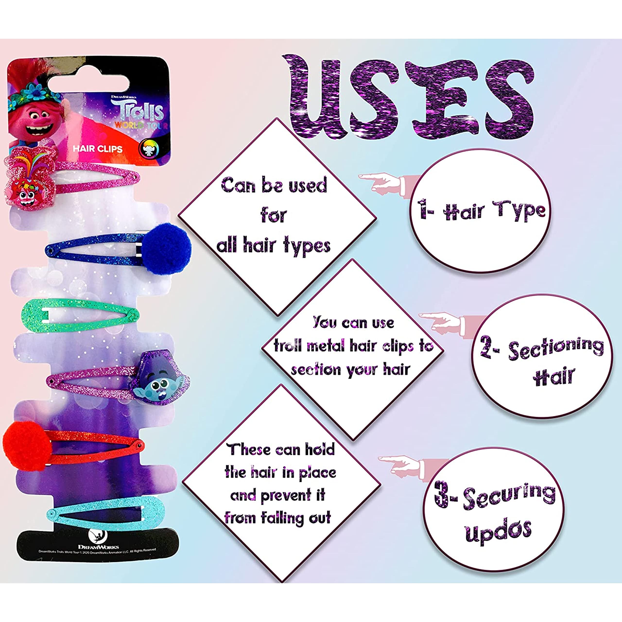 Accessoires à cheveux Trolls pour enfants, brosse à cheveux pour filles, pompons, nœud à cheveux et pince à cheveux pour enfants, pinces à cheveux multicolores pailletées avec de belles breloques