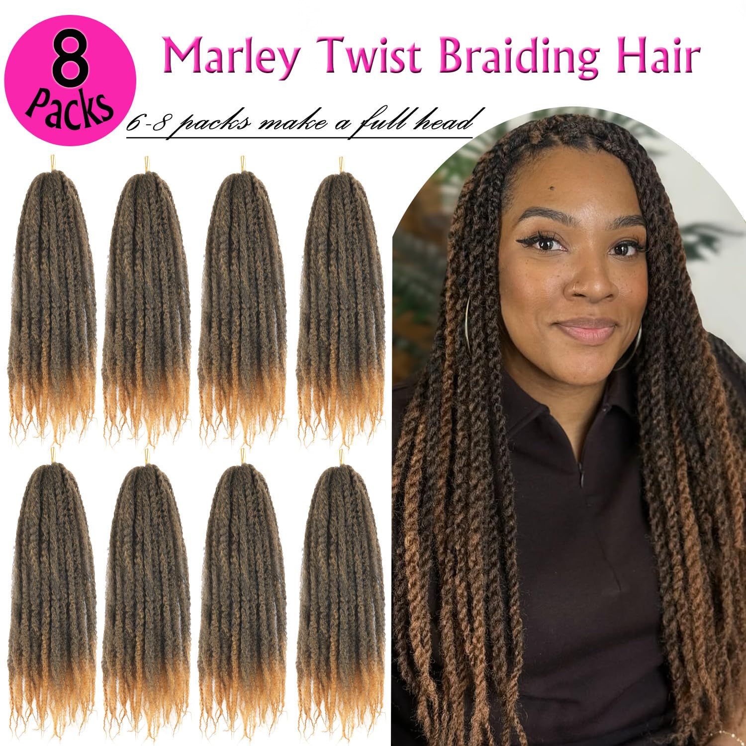 Enbeautiful Marley Twist Hair 24 Inch 8packs Marley Twists Braiding Hair Long Cuban Twist Hair Pre Fluffed Afro Kinky Curly Twists Crochet Hair Synthetic Marley Braids Extensions,27#
