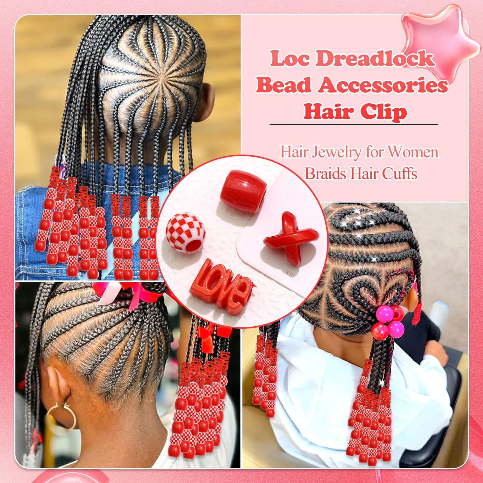 60 perles à cheveux pour enfants filles perles de tresse multicolores rouge X-ronde-LOVE-forme mixte avec aide à l'enfilage