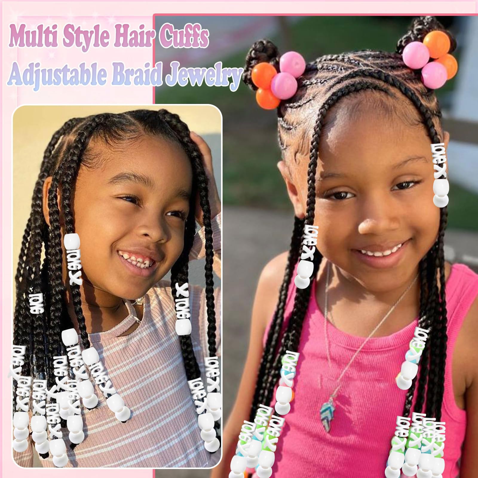 60 perles à cheveux pour enfants filles perles de tresse multicolores rouge X-ronde-LOVE-forme mixte avec aide à l'enfilage