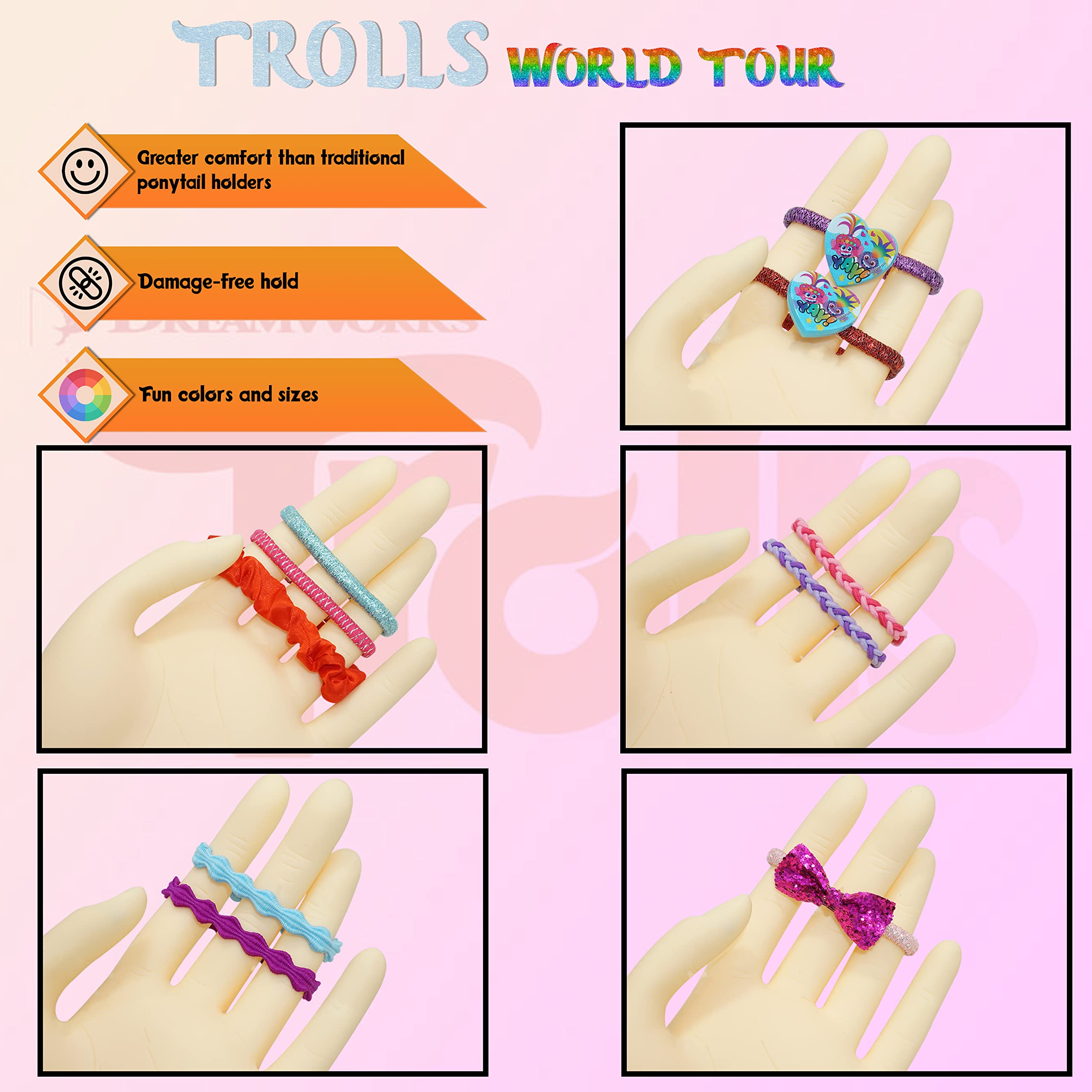 Accessoires à cheveux Trolls pour enfants, brosse à cheveux pour filles, pompons, nœud à cheveux et pince à cheveux pour enfants, pinces à cheveux multicolores pailletées avec de belles breloques