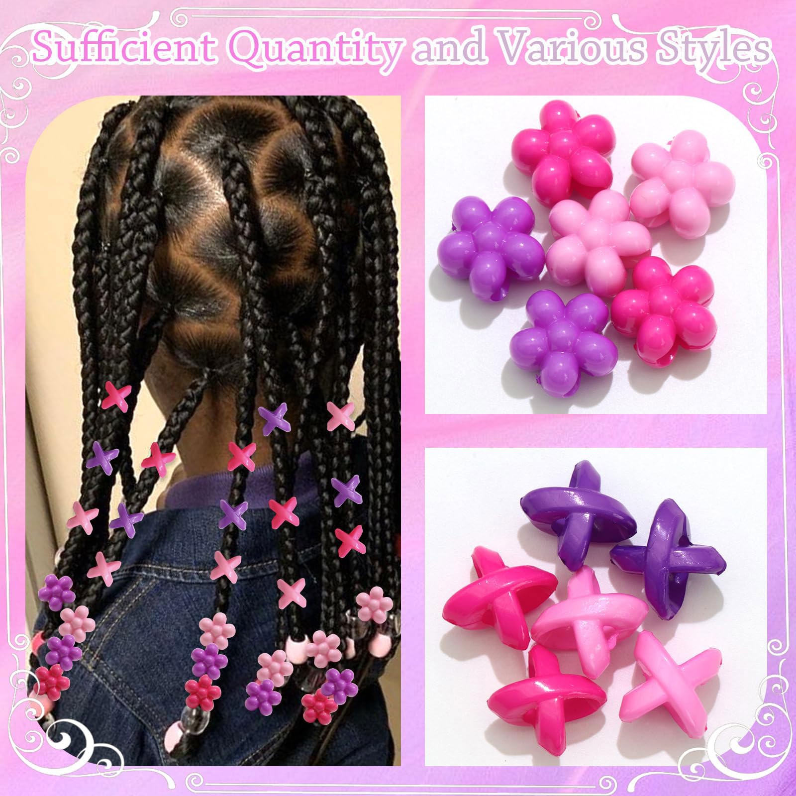 60 perles à cheveux fleuries pour enfants filles, perles à tresses multicolores, mélange de violet, rose et rose clair avec aide à l'enfilage