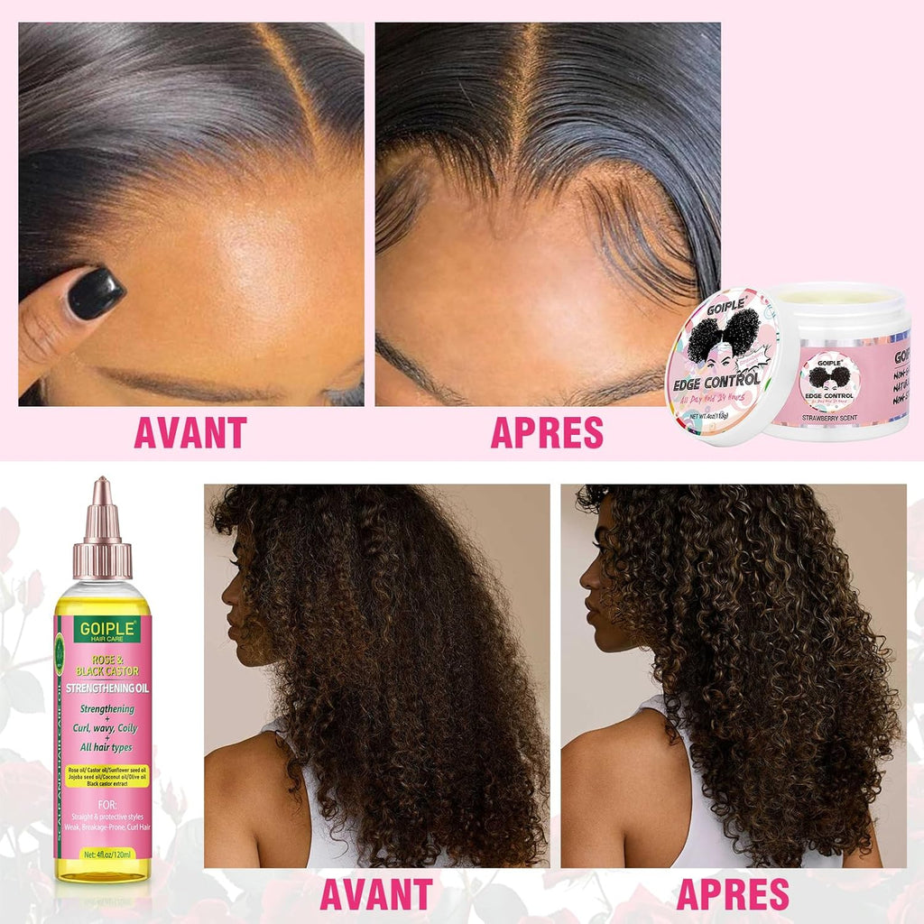 Edge Control Wax for Femmes Forte Tenue -Cire Cheveux Gel pour Cheveux Noirs - Huile Capillaire à la Rose & Ricin pour la Pousse des Cheveux Huile Capillaire Fortifiante Ensemble
