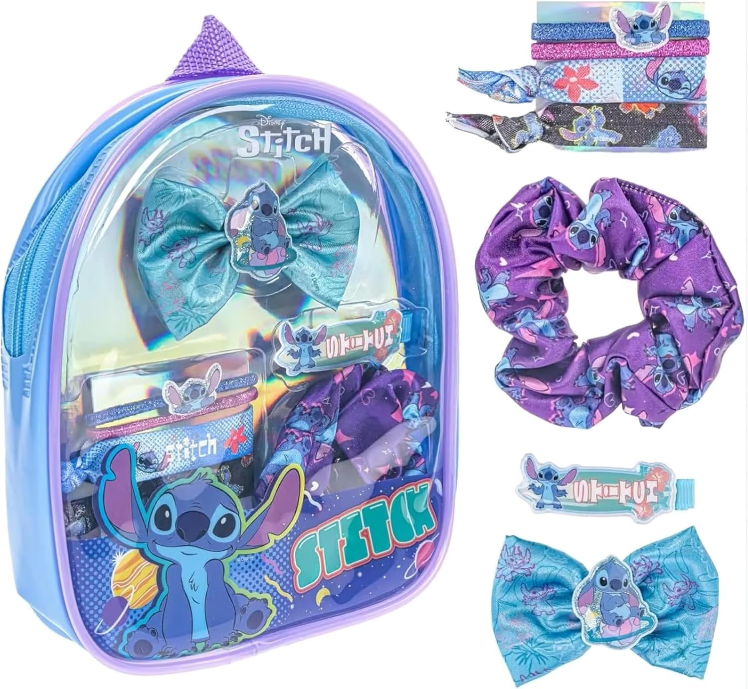 SRV Hub Disney Stitch Lot de 8 accessoires pour cheveux dans un sac à dos – Nœud à cheveux, chouchou et élastiques à cheveux pour filles, ensemble de beauté pour filles de 3 ans et plus